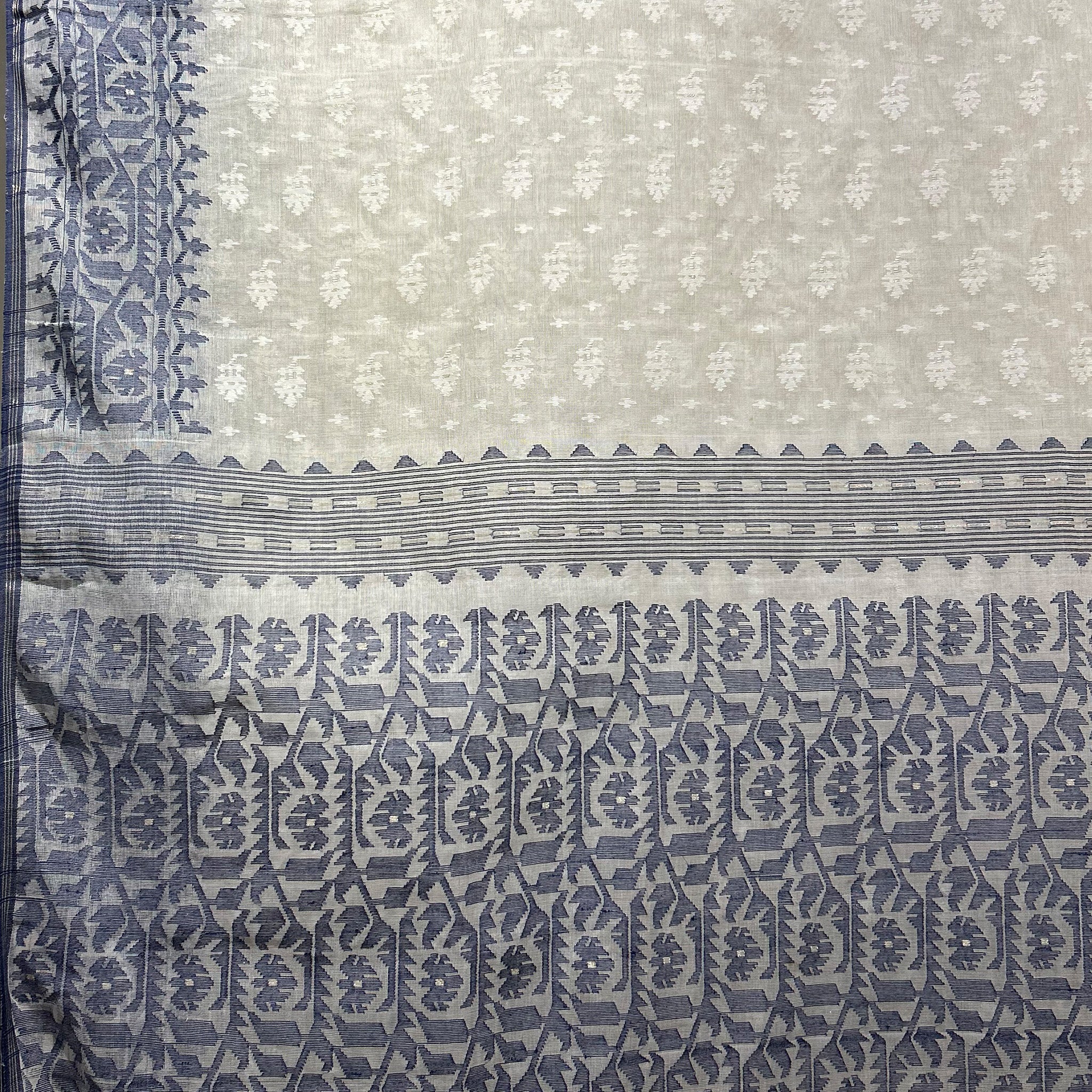White and Dark Blue Dhakai Jamdani