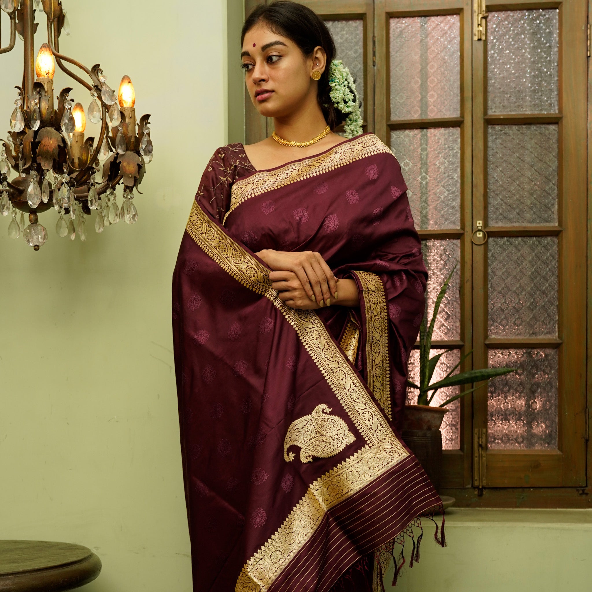 Museum Recreation of a Benarasi Saree with Koniya in Maroon