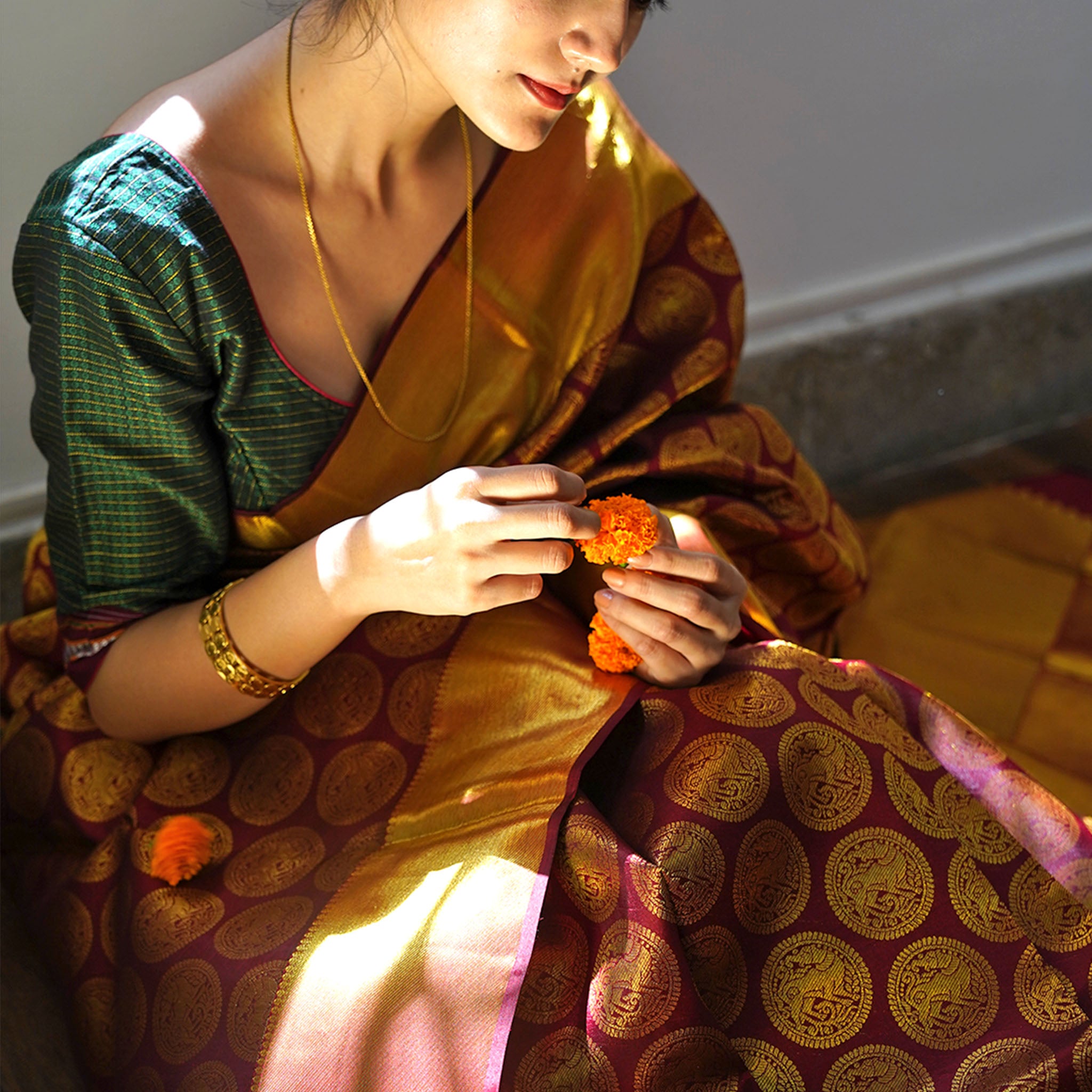 Handwoven Maroon and Gold Kanjeevaram Silk Saree