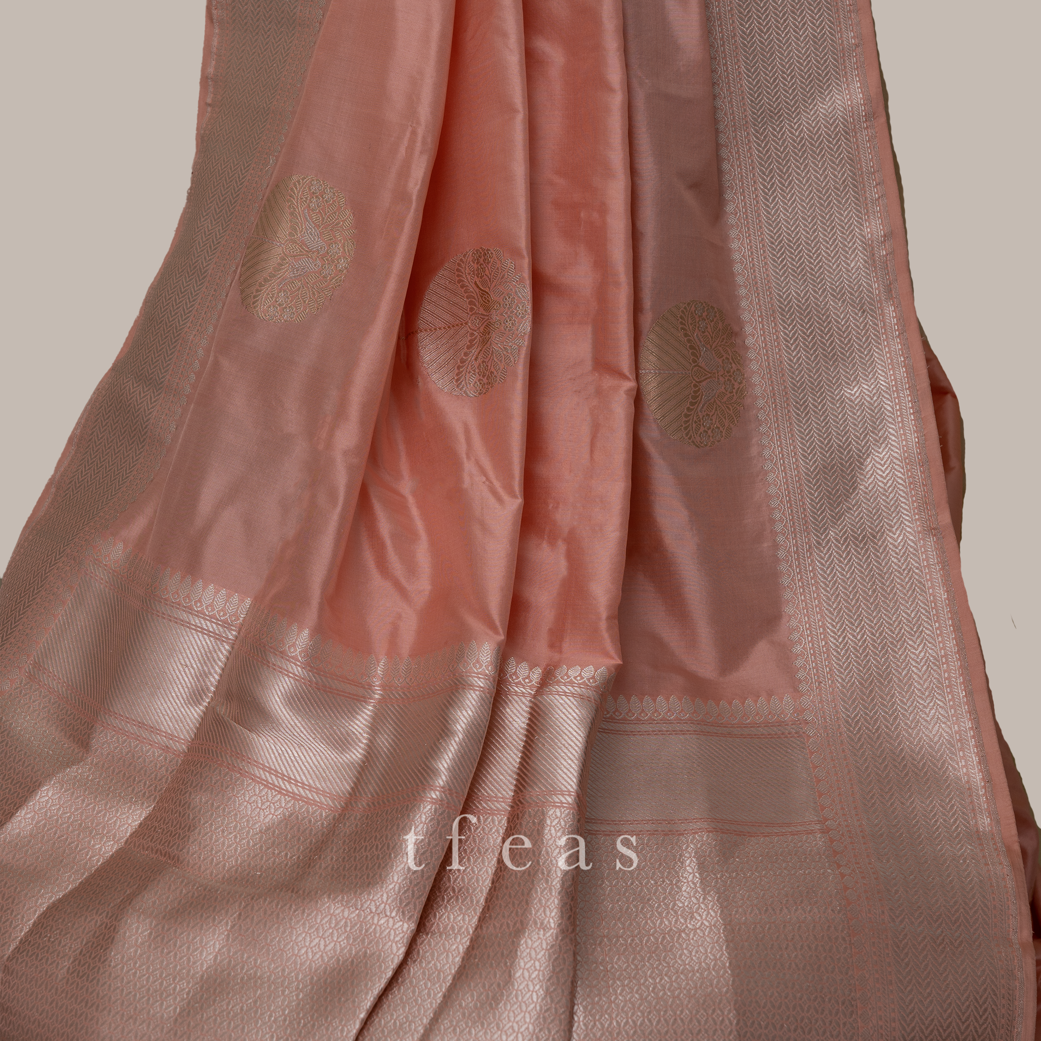 Peach Khadwa Benarasi with Birds in the Buti