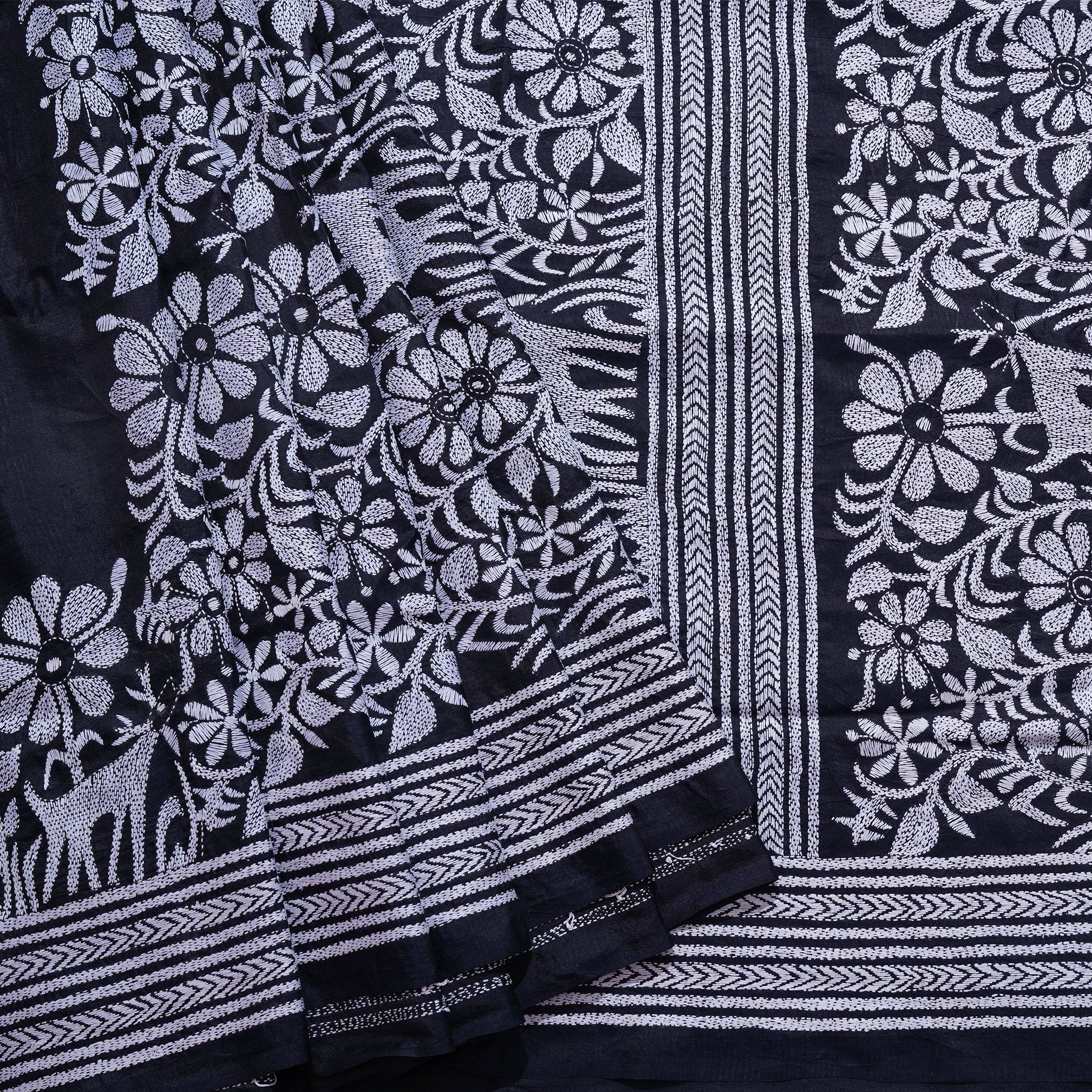 Black Hand-embroidered Kantha on Silk