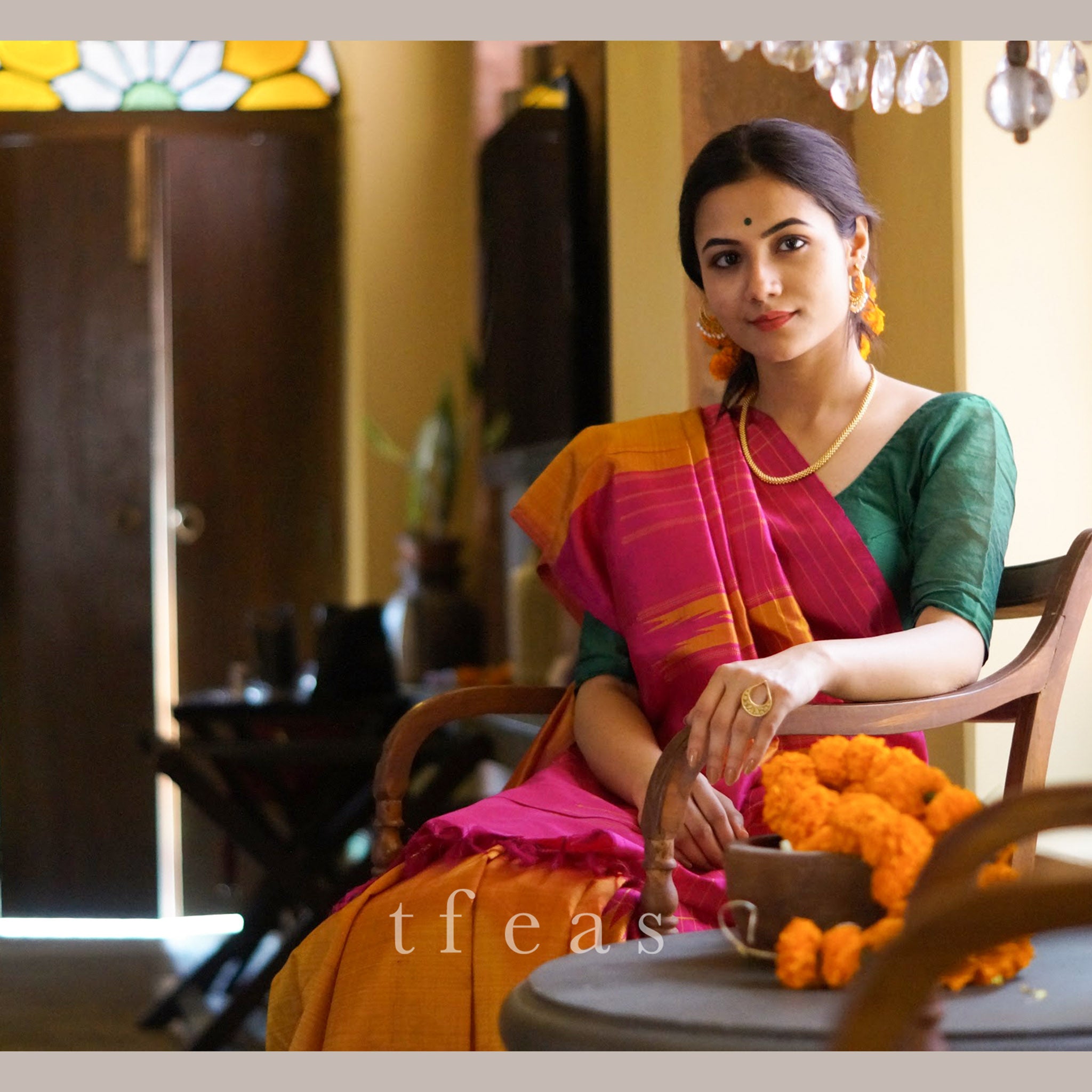 Mustard and Pink Half and Half Arani Silk