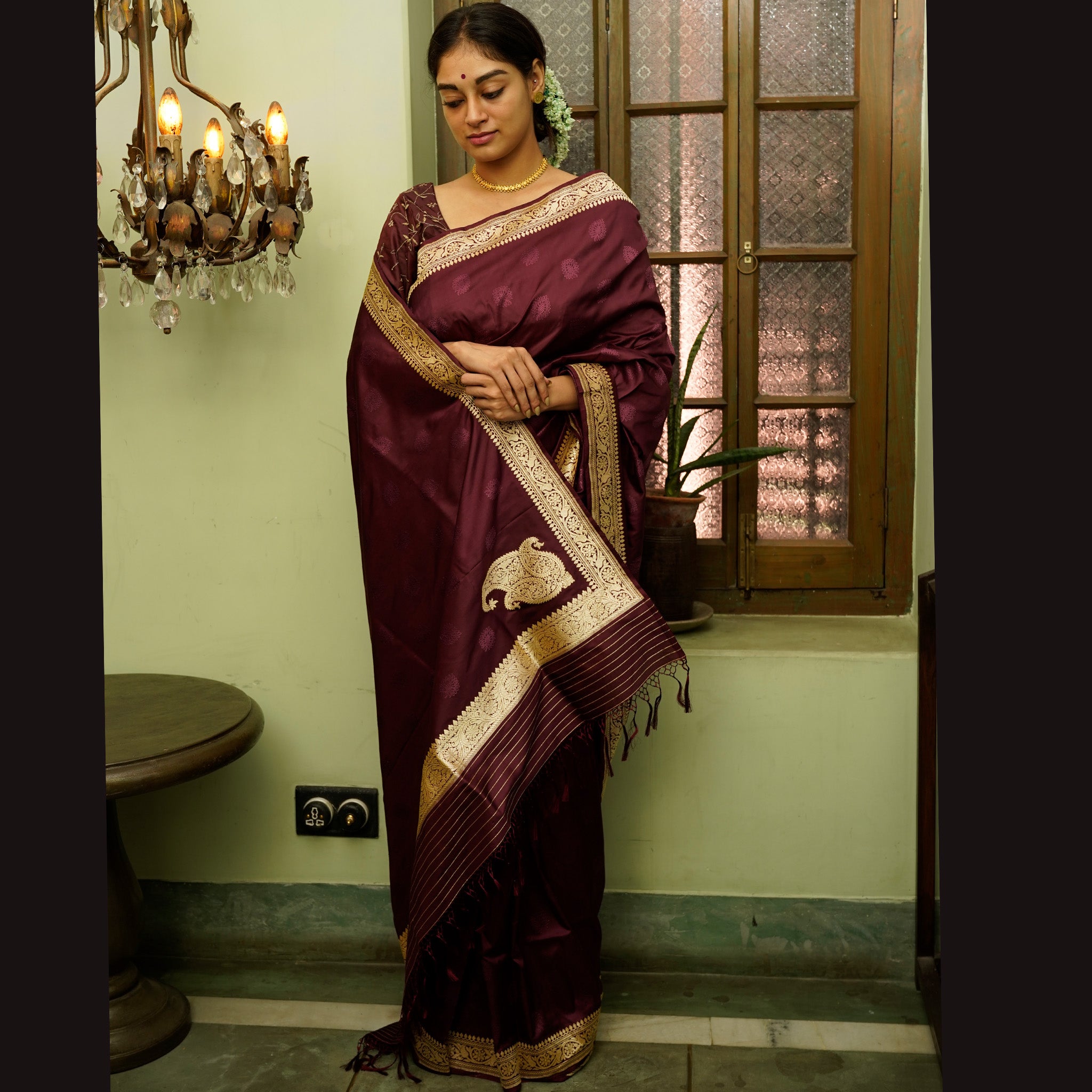 Museum Recreation of a Benarasi Saree with Koniya in Maroon