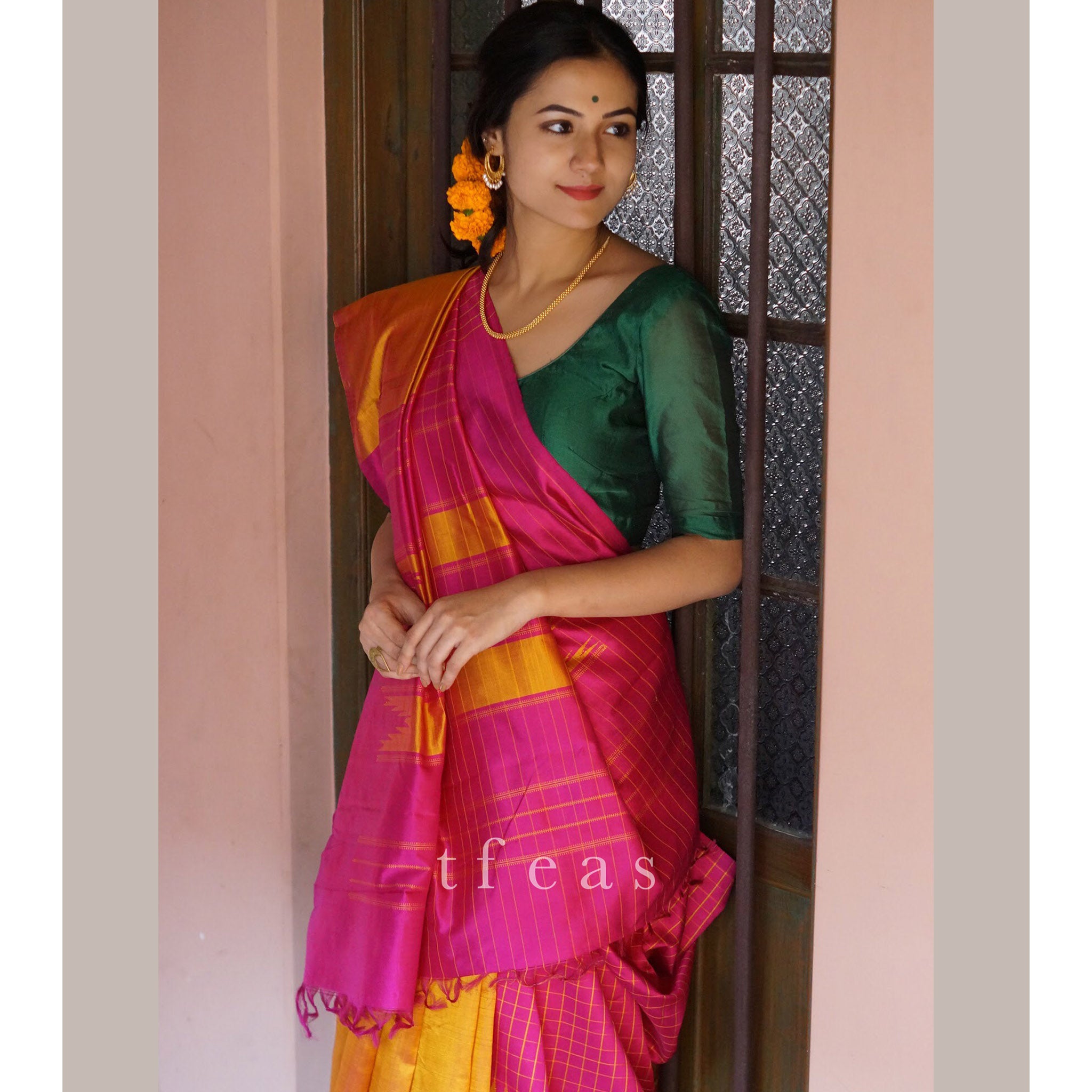 Mustard and Pink Half and Half Arani Silk