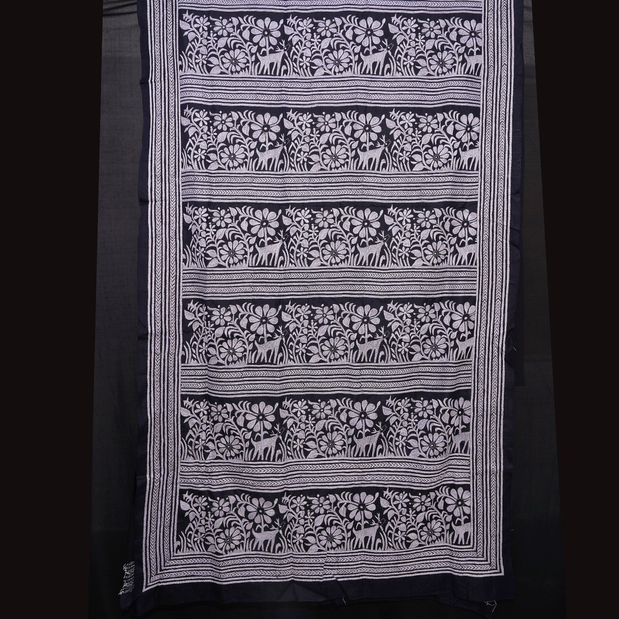 Black Hand-embroidered Kantha on Silk