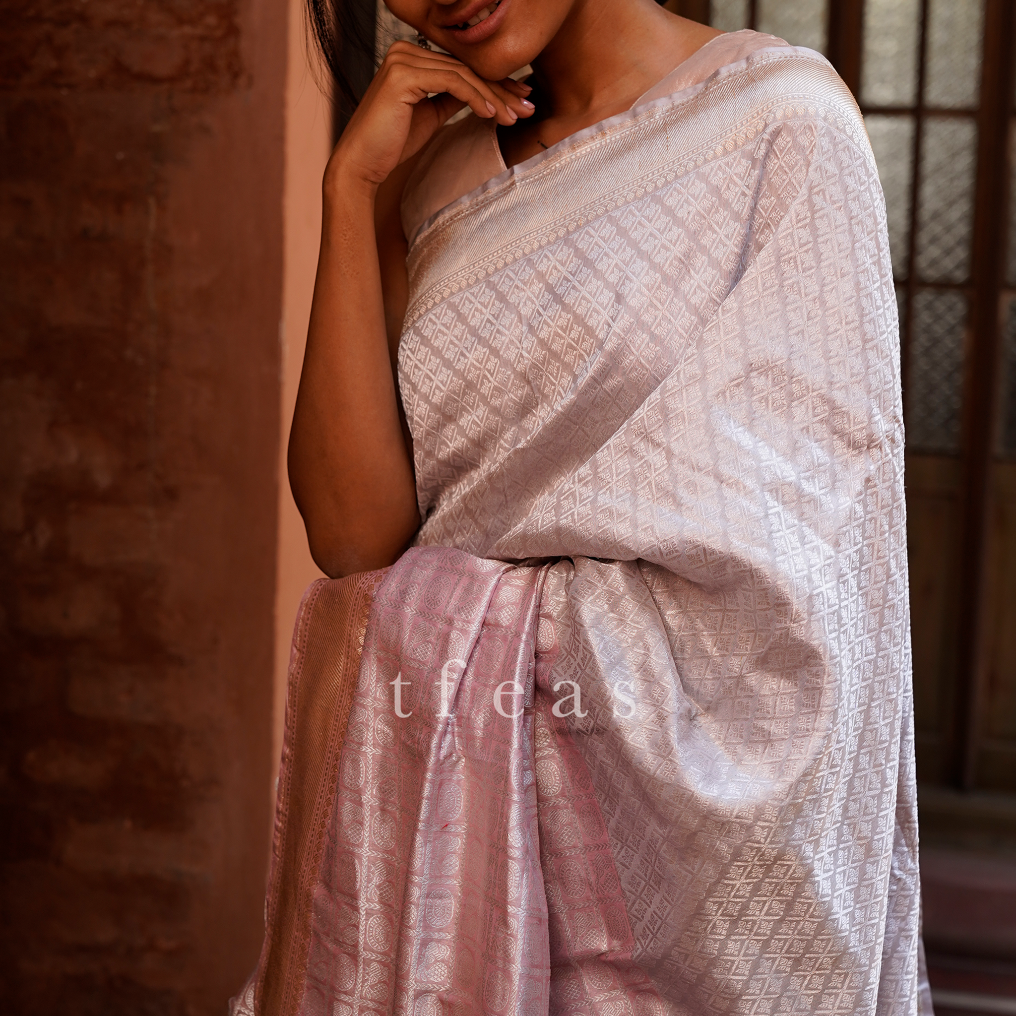 Grey and Pink Benarasi Silk Saree