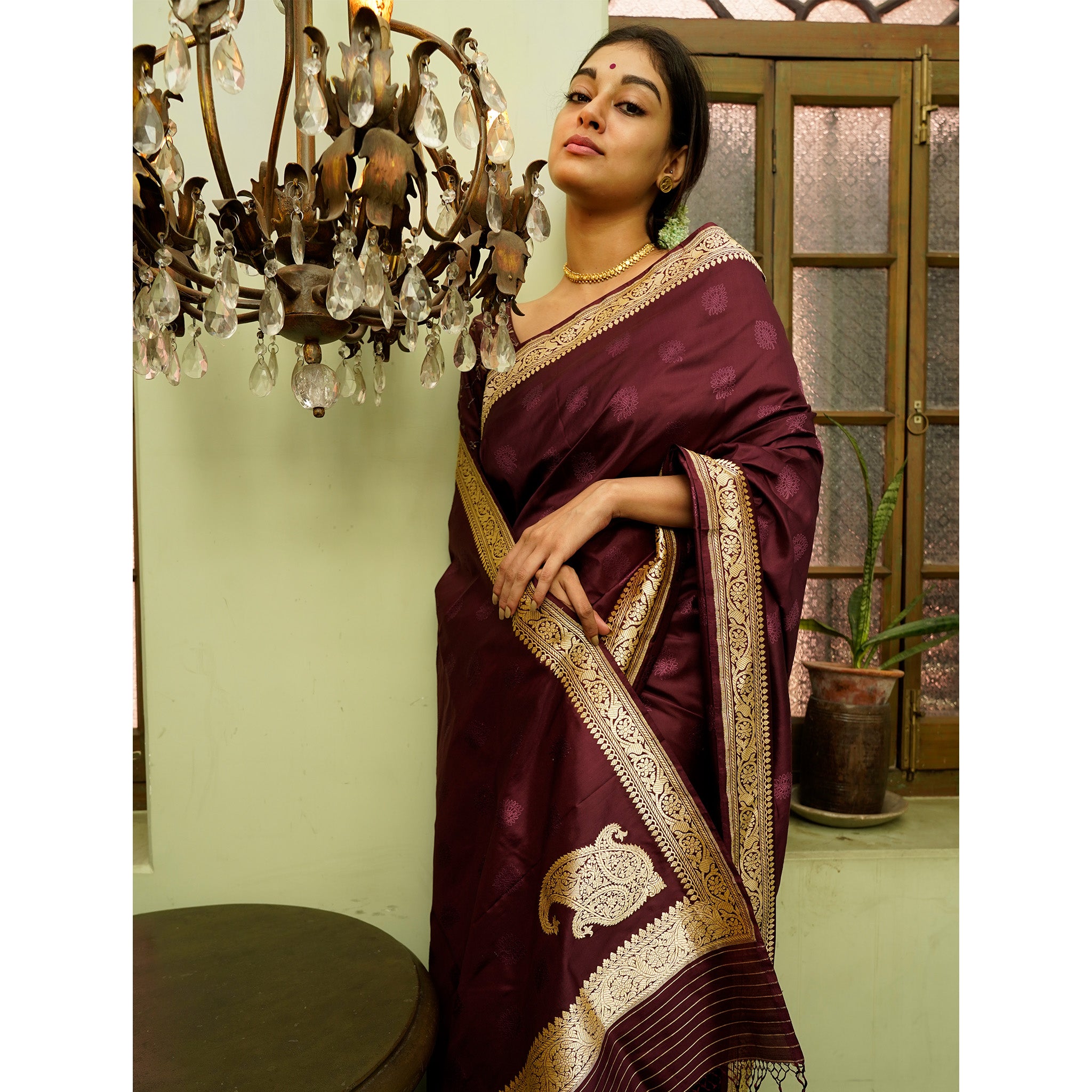 Museum Recreation of a Benarasi Saree with Koniya in Maroon