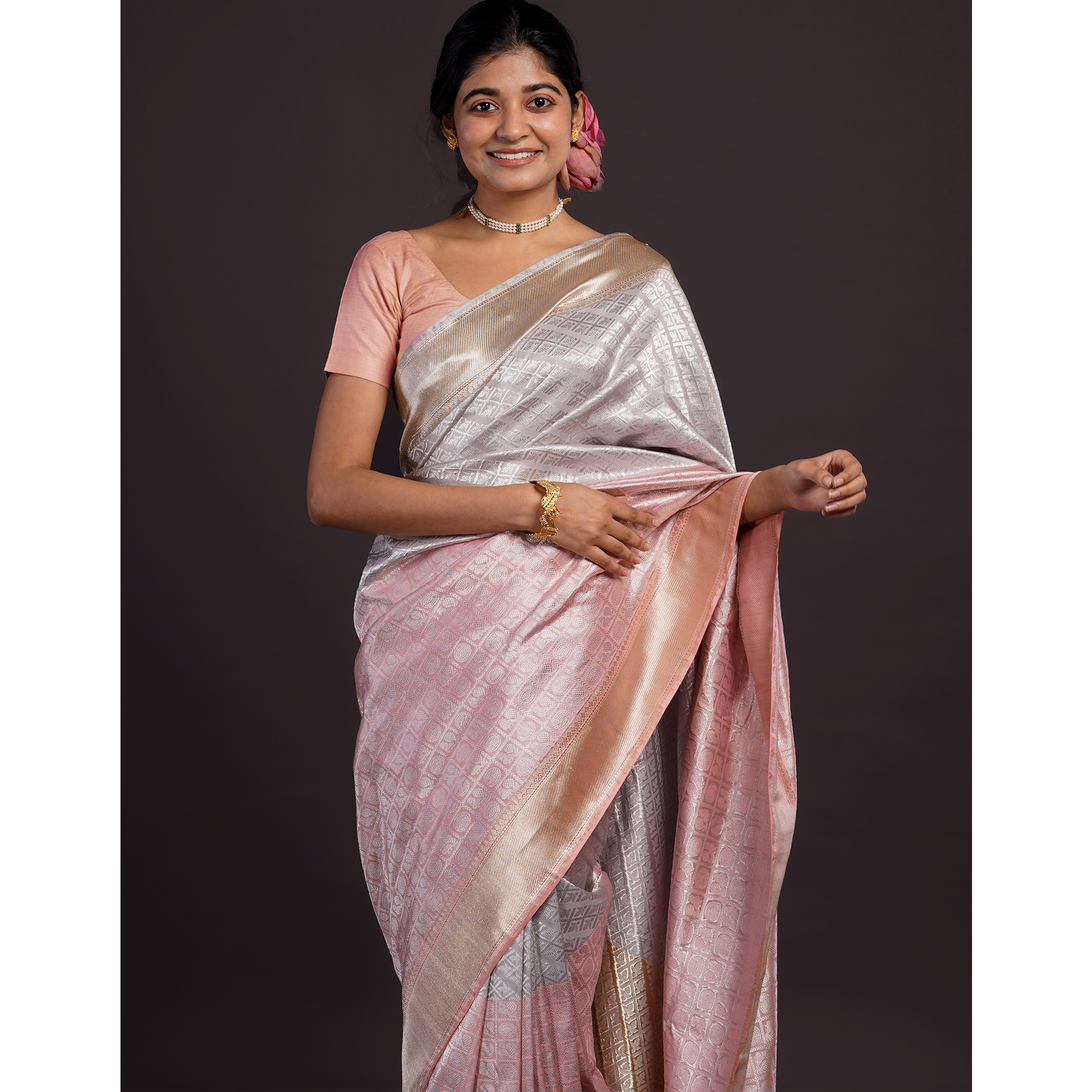 Grey and Pink Benarasi Silk Saree