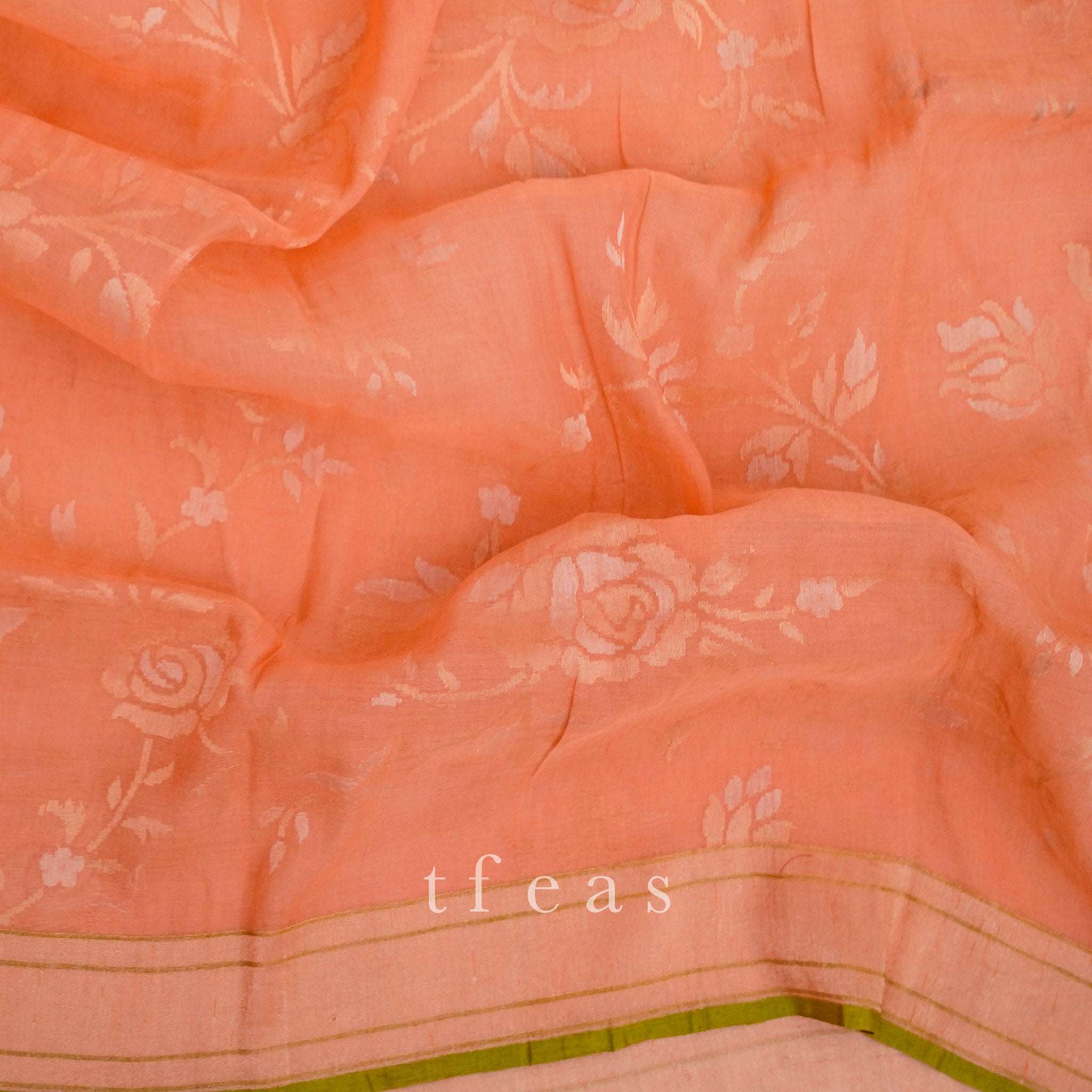 Real Silver Zari : Peach Benarasi Jamdani with Real Silver Zari