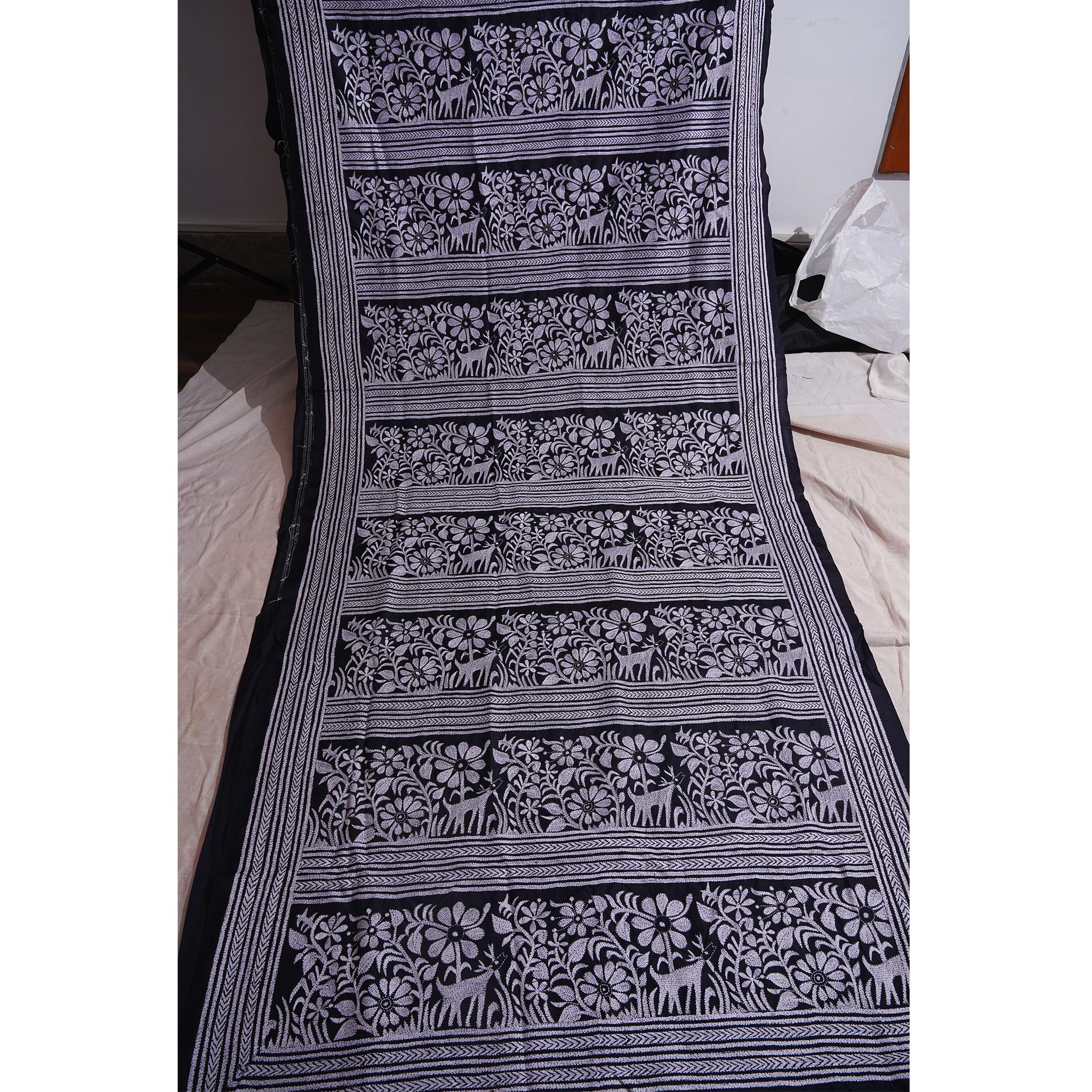 Black Hand-embroidered Kantha on Silk