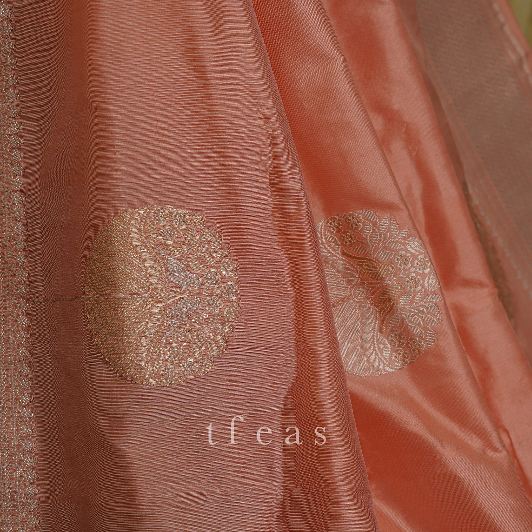 Peach Khadwa Benarasi with Birds in the Buti