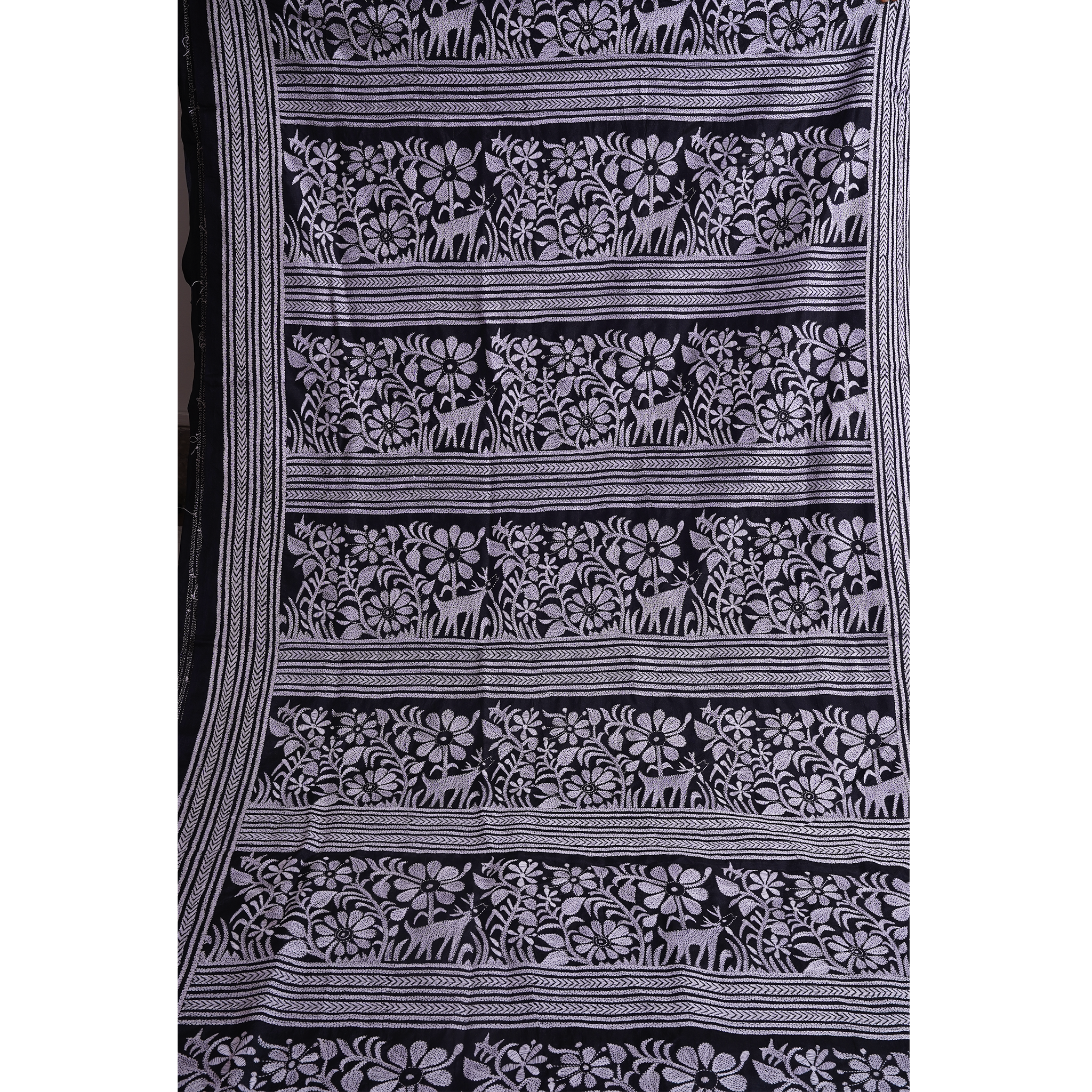 Black Hand-embroidered Kantha on Silk