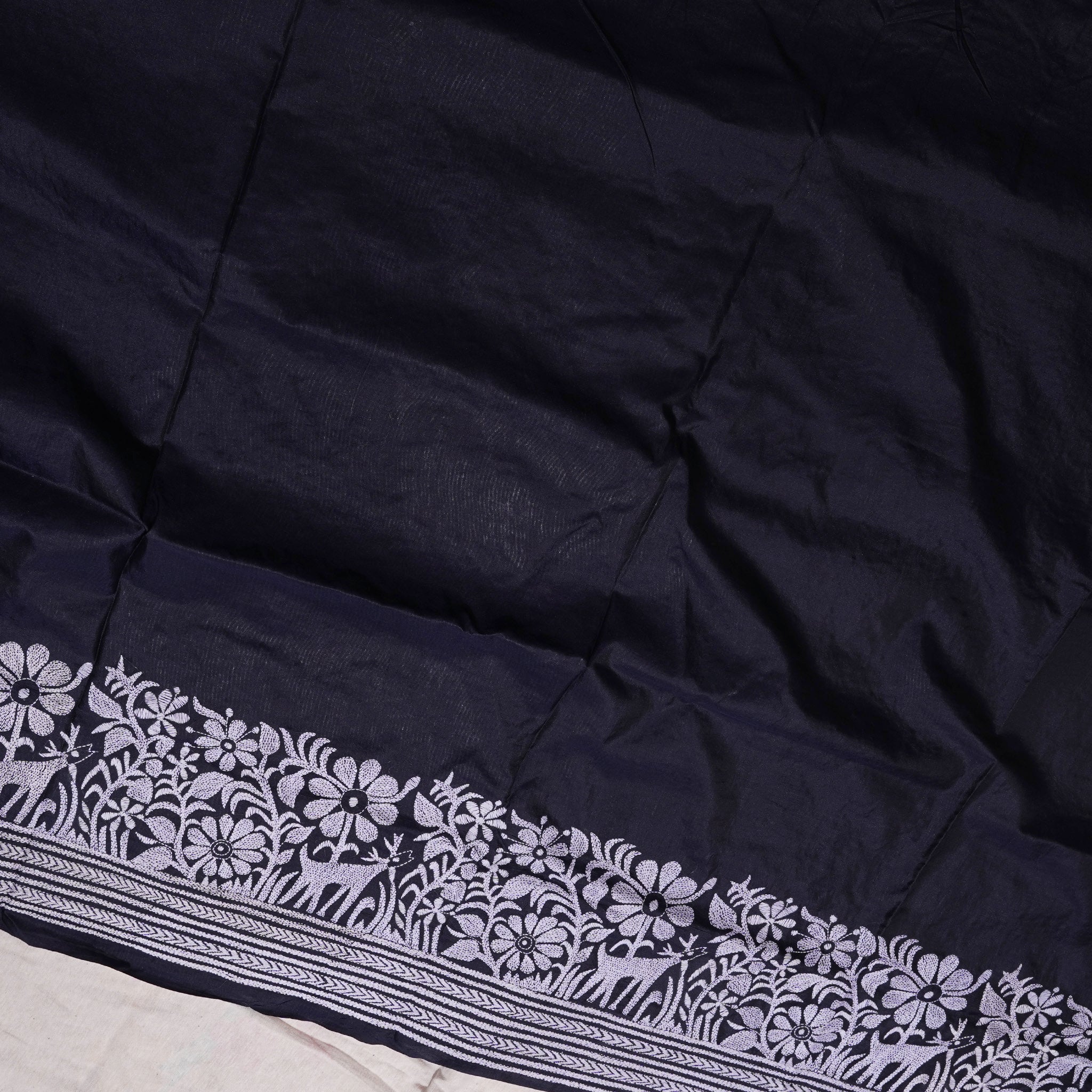 Black Hand-embroidered Kantha on Silk