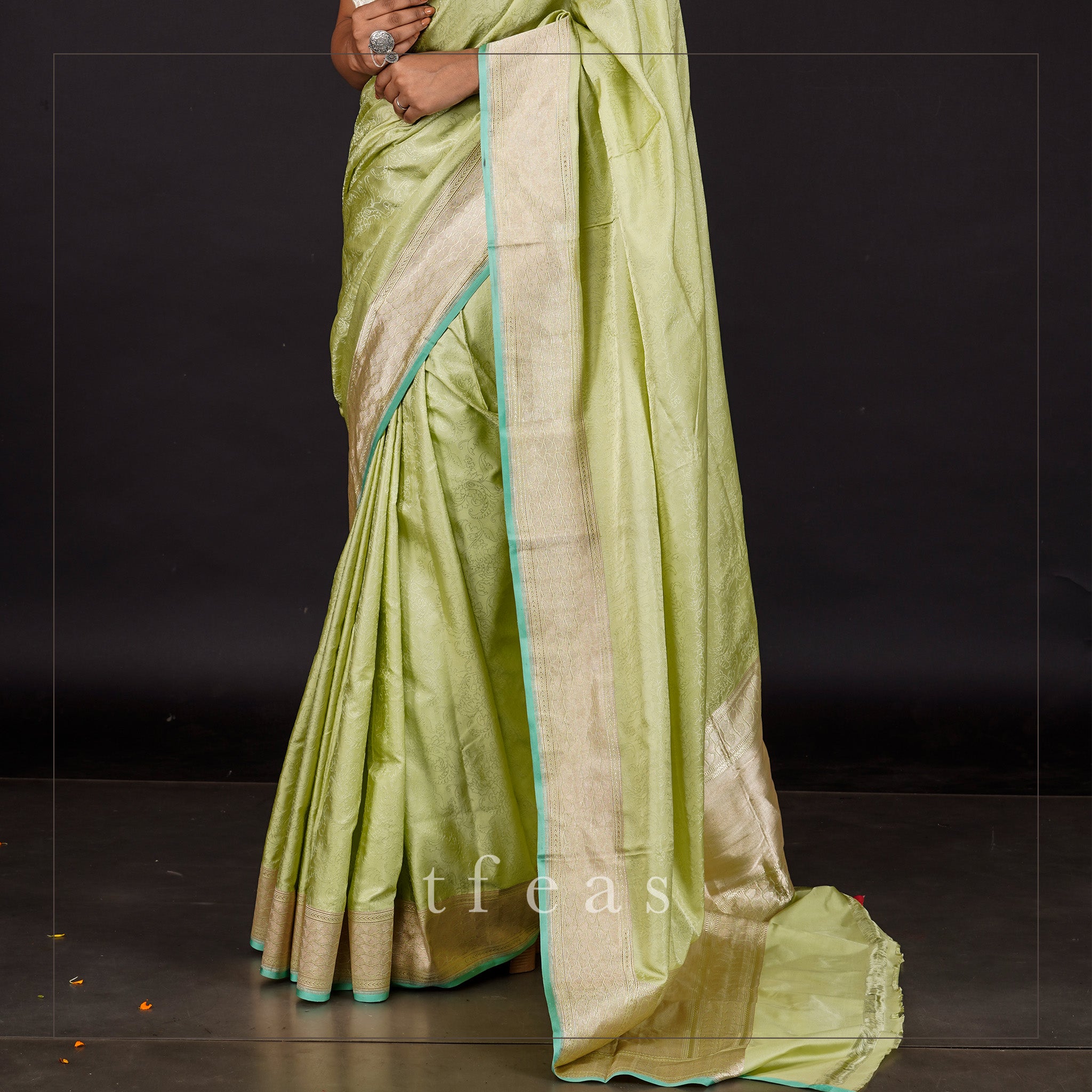 Lime Green Satin Tanchoi Benarasi Saree