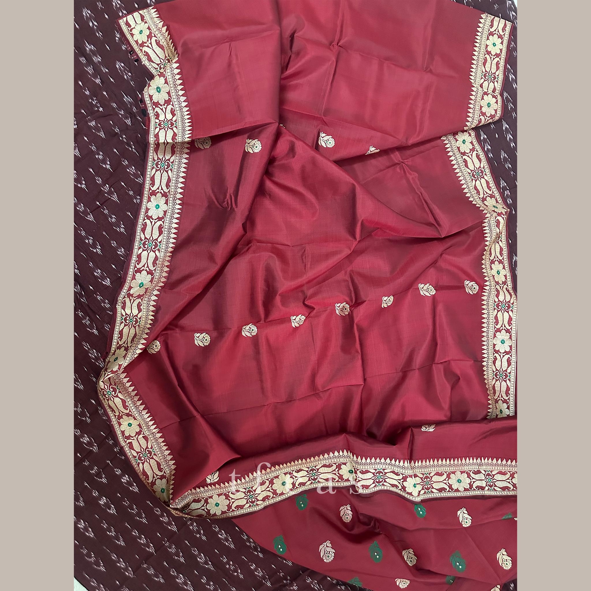 Brick Red with Green Baluchari Saree from Bengal