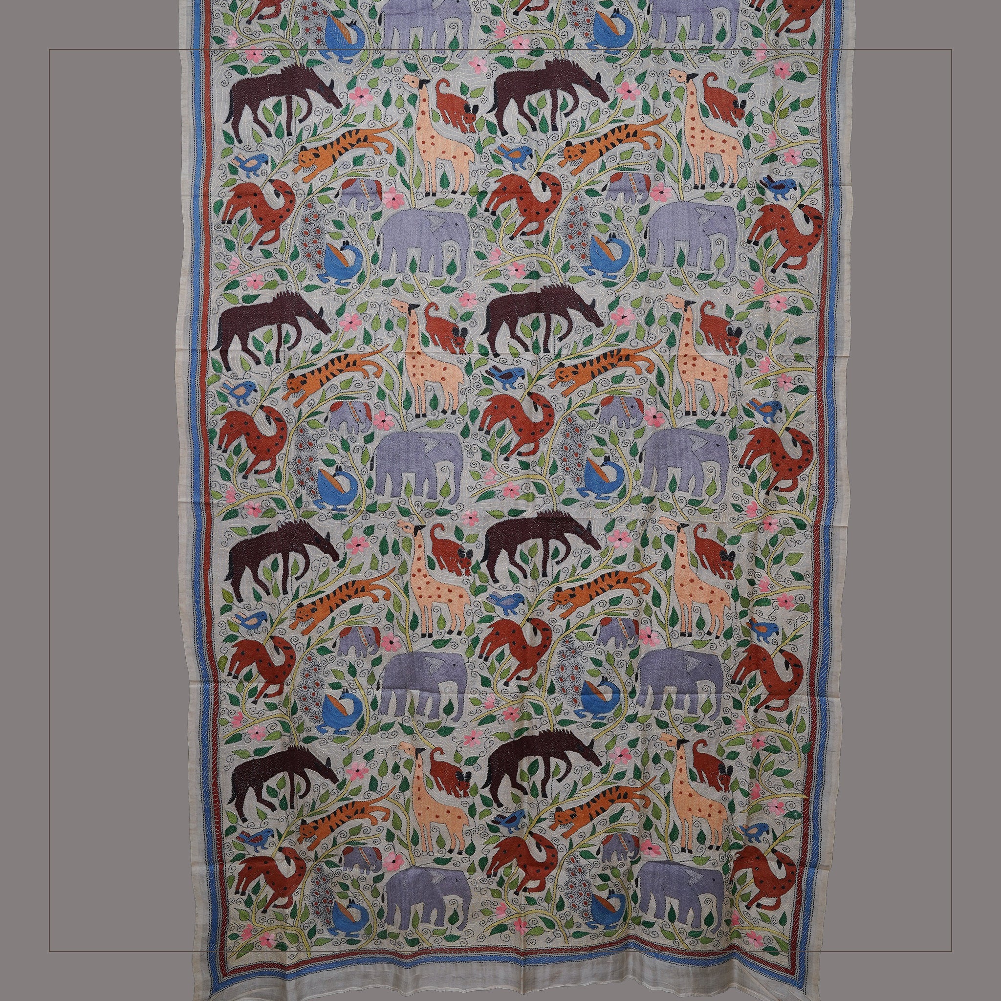 Hand-embroidered Kantha Shawl on Tussar