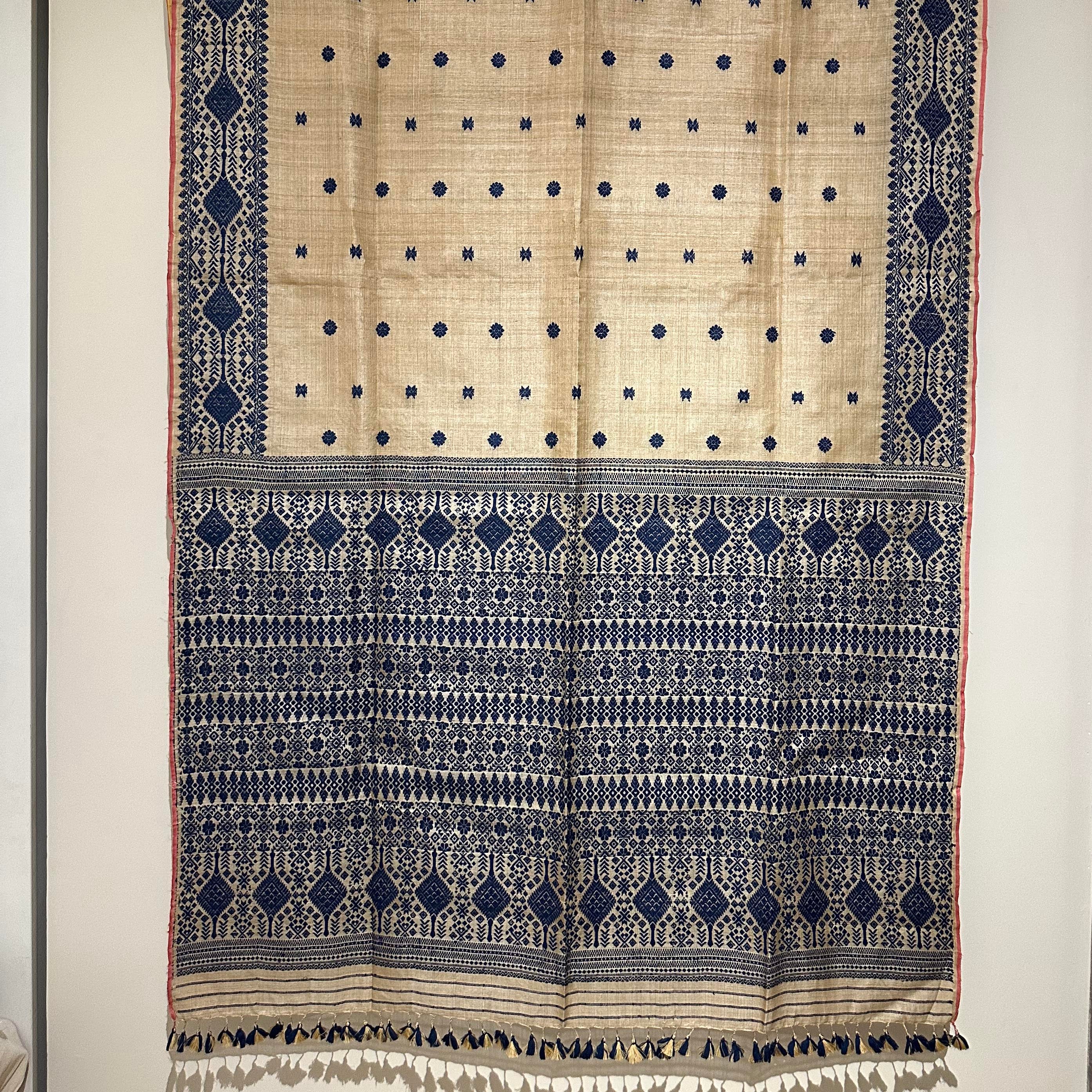Heirloom Pure Assam Muga Saree with Indigo Dyed Eri Extra Weft