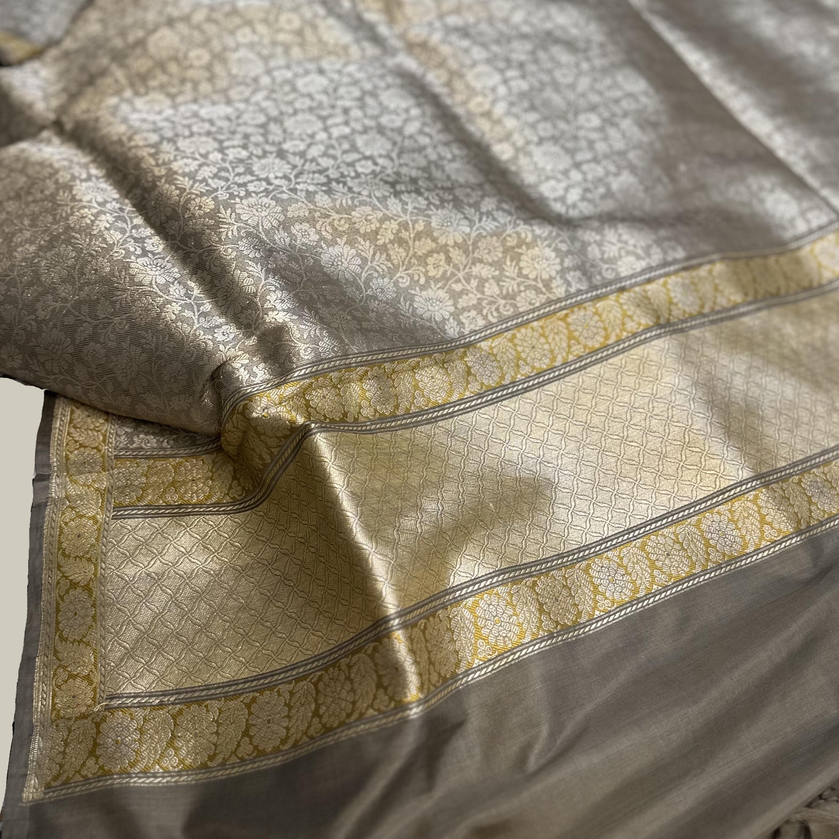 Sage Green Tanchoi With Mustard Minakari Khadwa Border Benarasi Saree