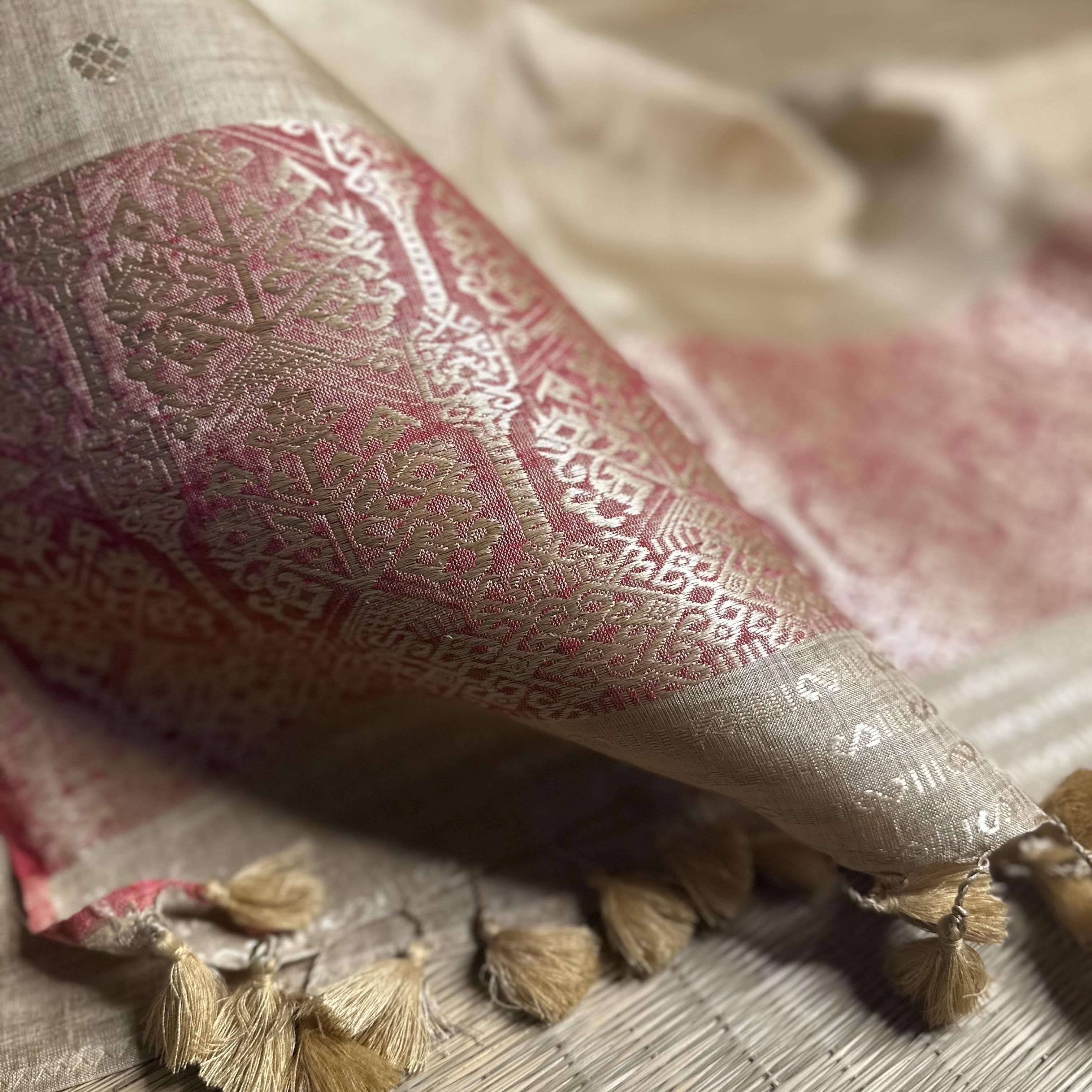 Heirloom Pure Assam Muga Saree with Red Natural Dyed Eri Extra Weft