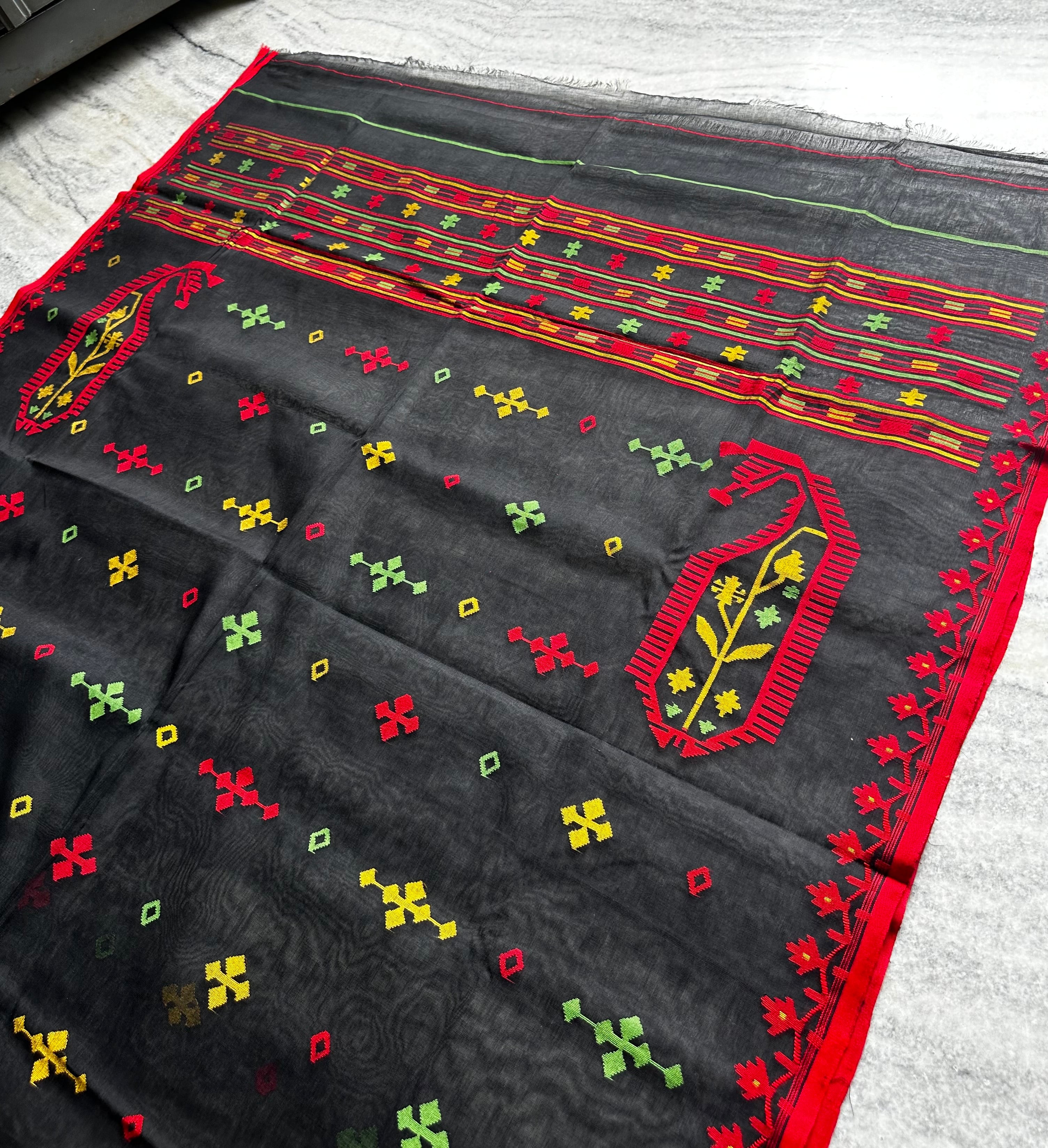 Black with Red and Green Dhakai Jamdani