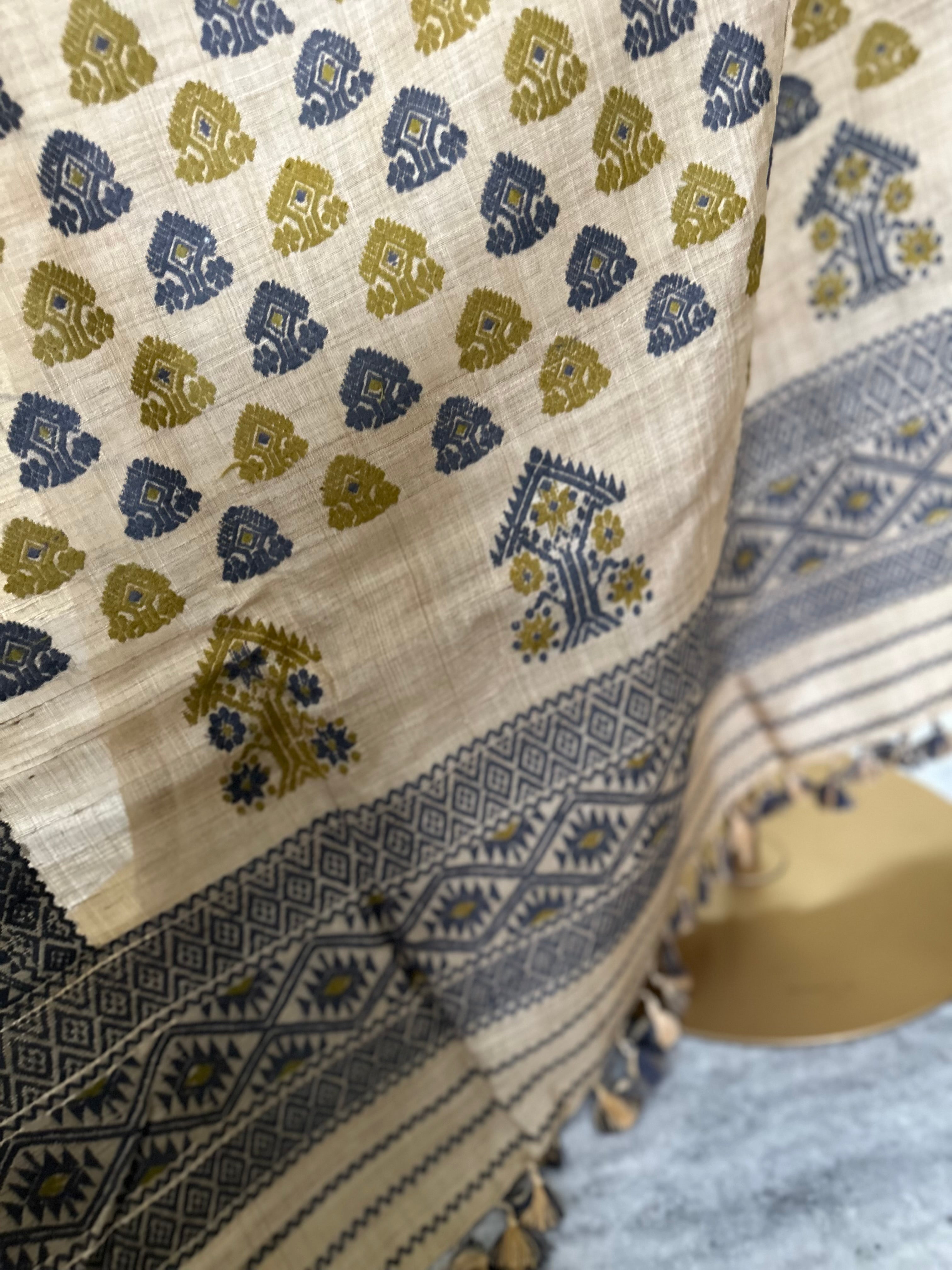 Heirloom Pure Assam Muga Saree with Natural Dyed Eri Extra Weft in Indigo and Mehendi