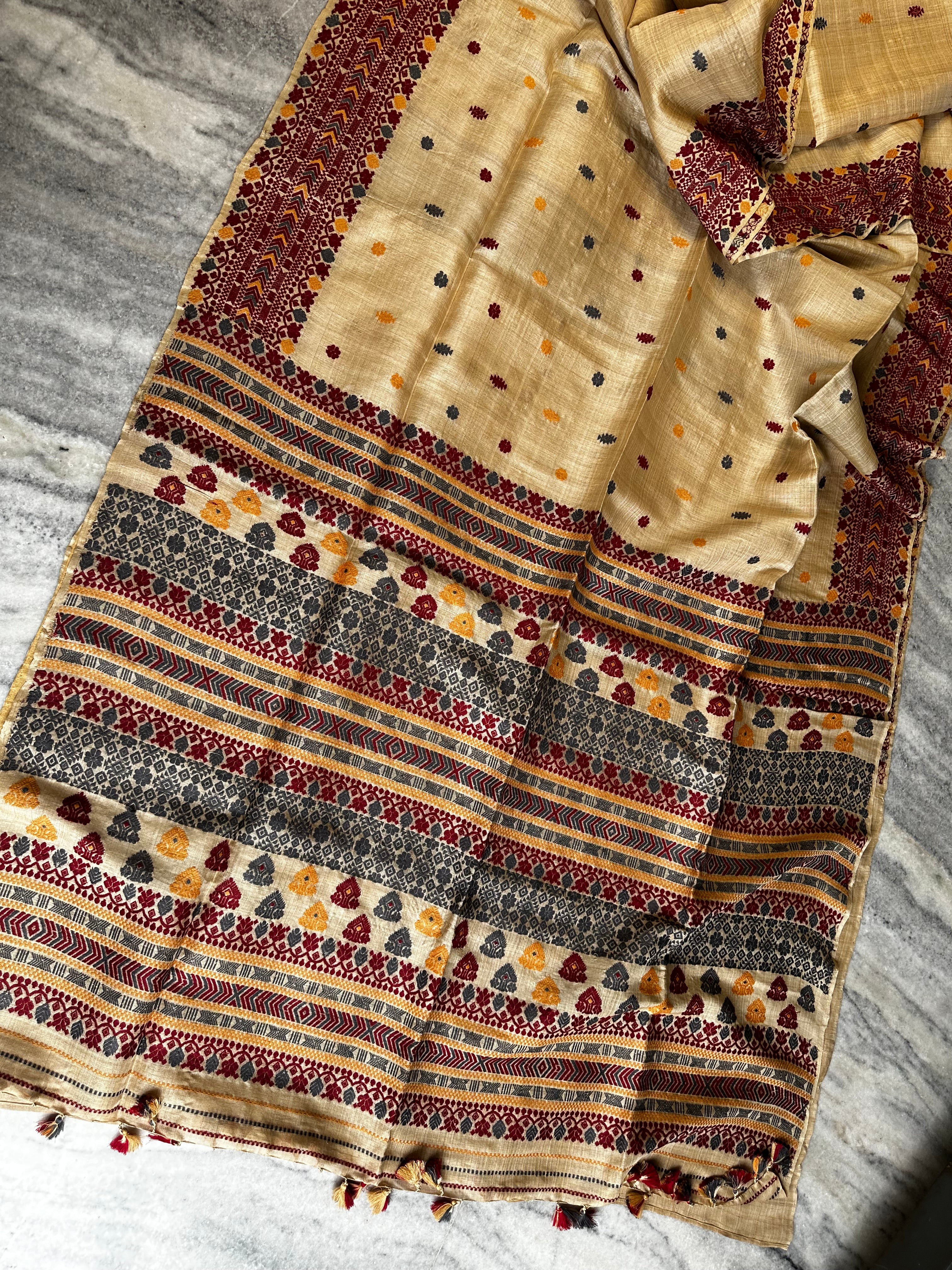 Heirloom Pure Assam Muga Saree with Natural Dyed Eri Extra Weft