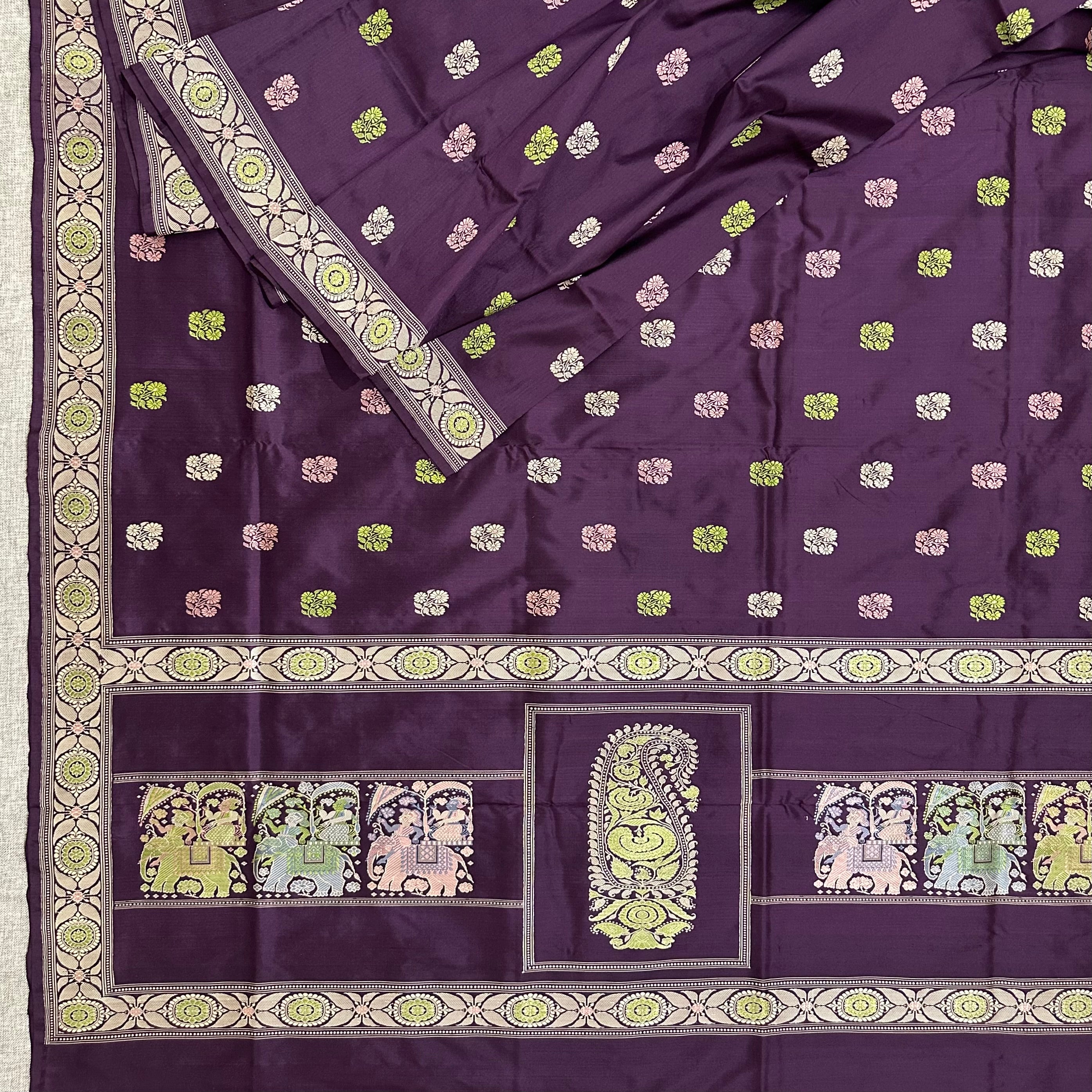 Purple Baluchari Saree with a Paisley and Elephants in the Palla