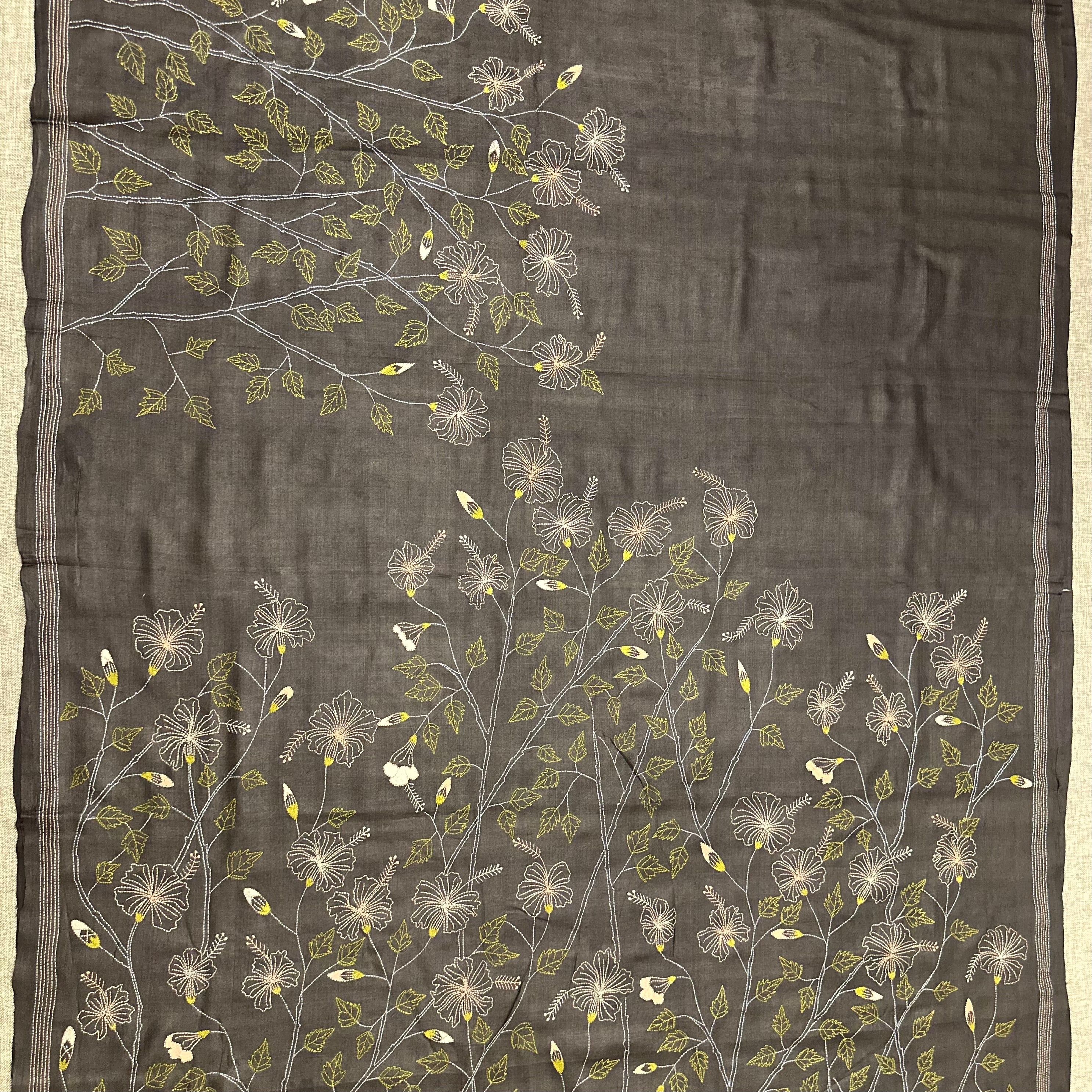 Grey Natural Dyed Handwoven Tussar with Kantha