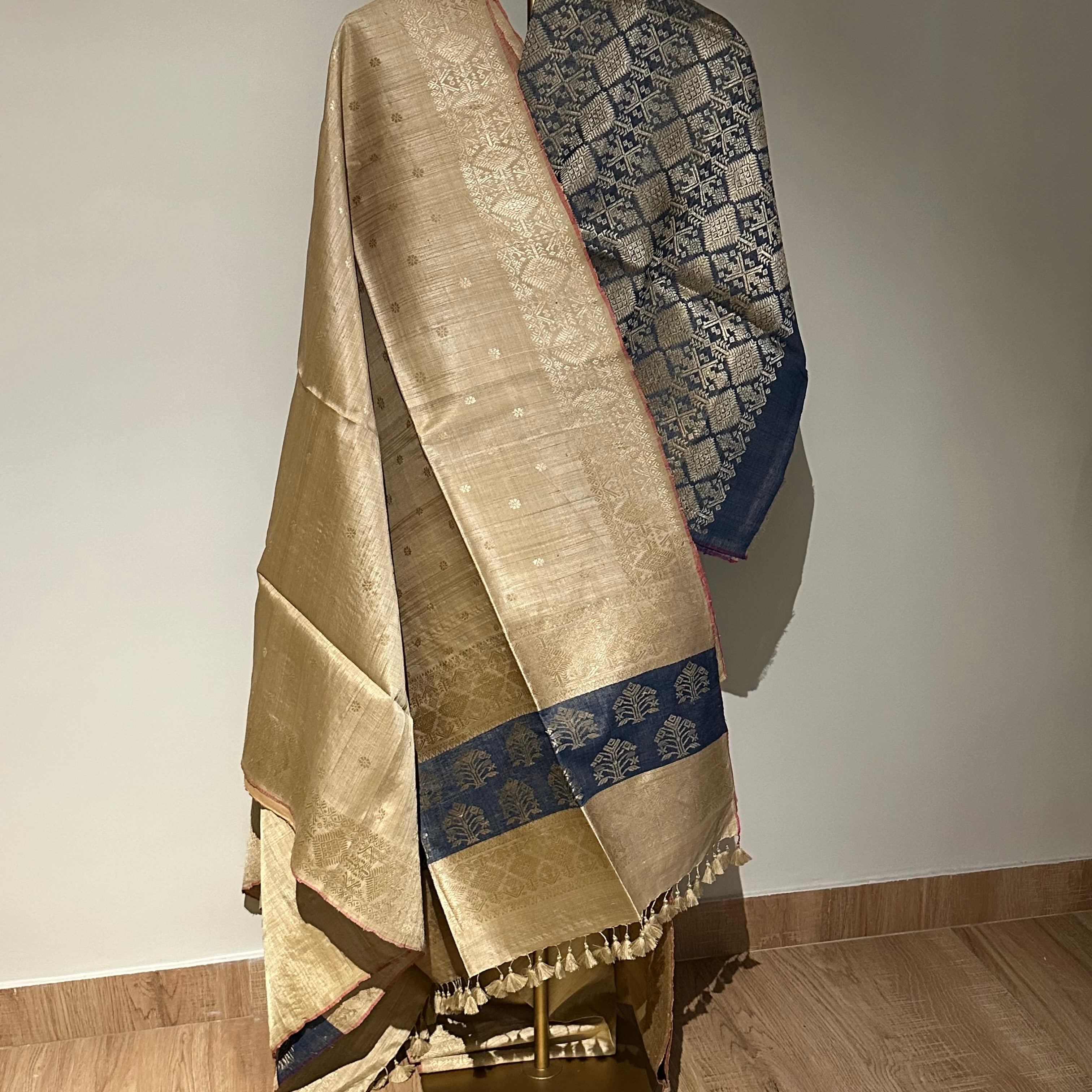 Handwoven Pure Muga Saree with Indigo Palla