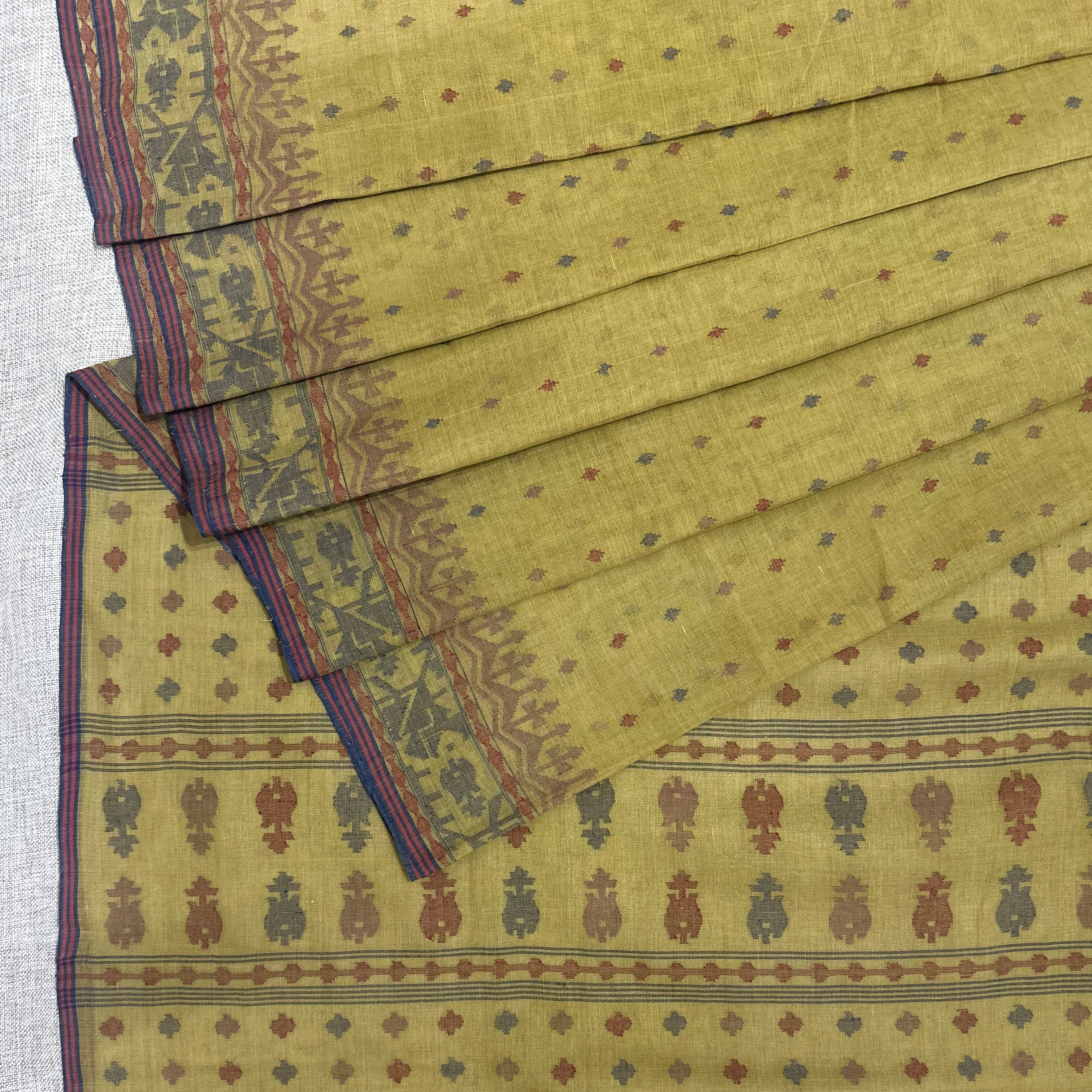 Beige/Light Mehendi Green Natural Dyed Dhakai Jamdani