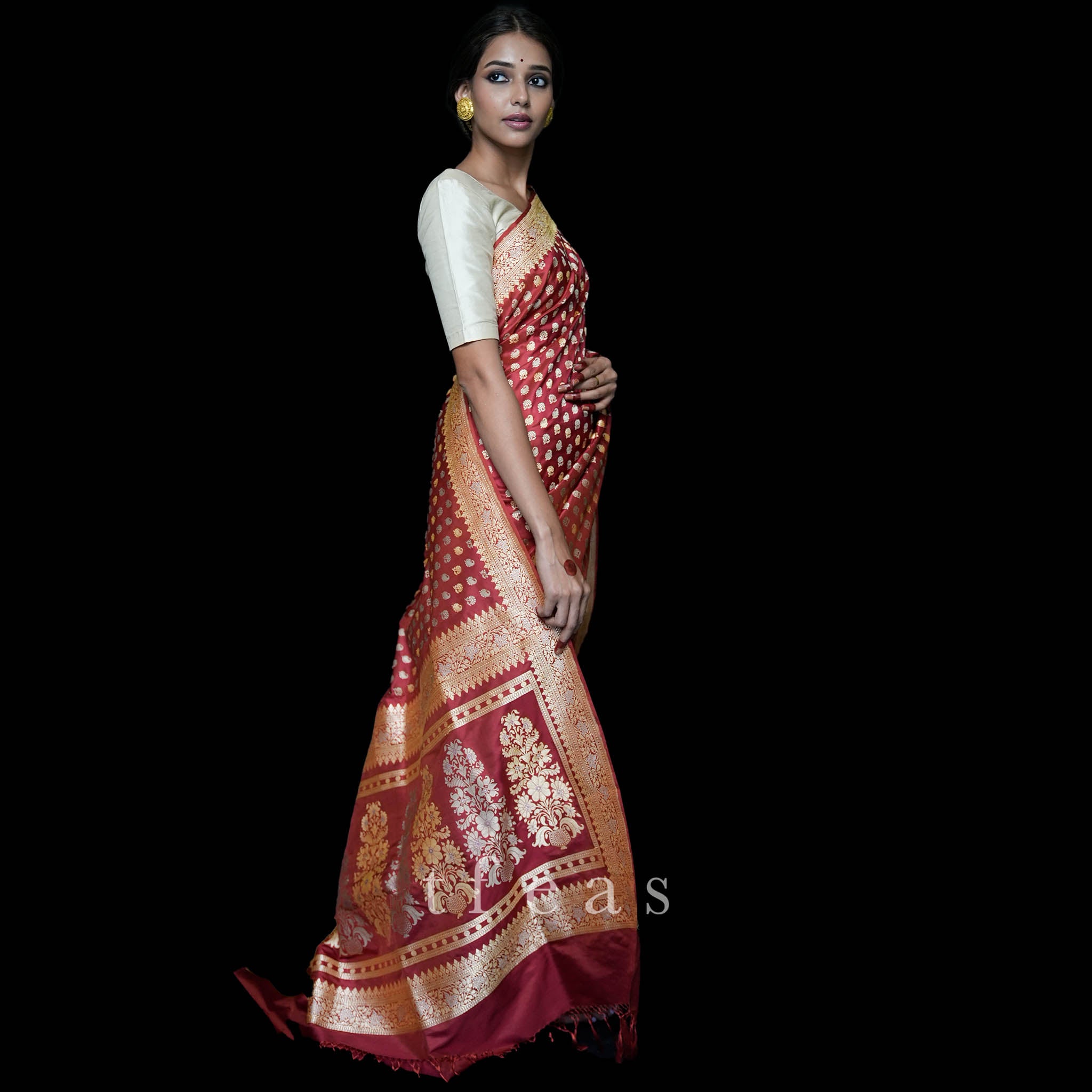 Red Revival Baluchari Saree with tree of life and zari