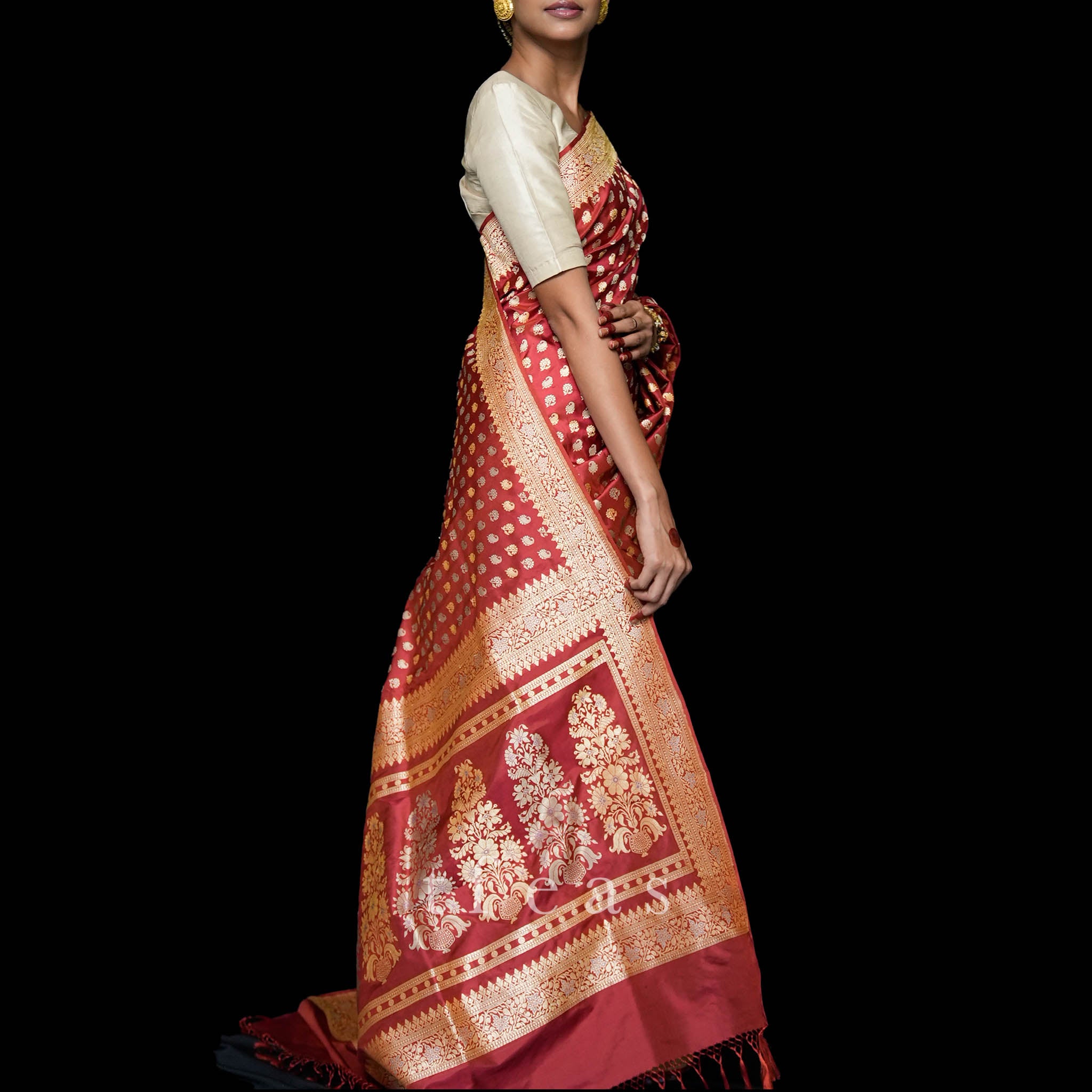 Red Revival Baluchari Saree with tree of life and zari