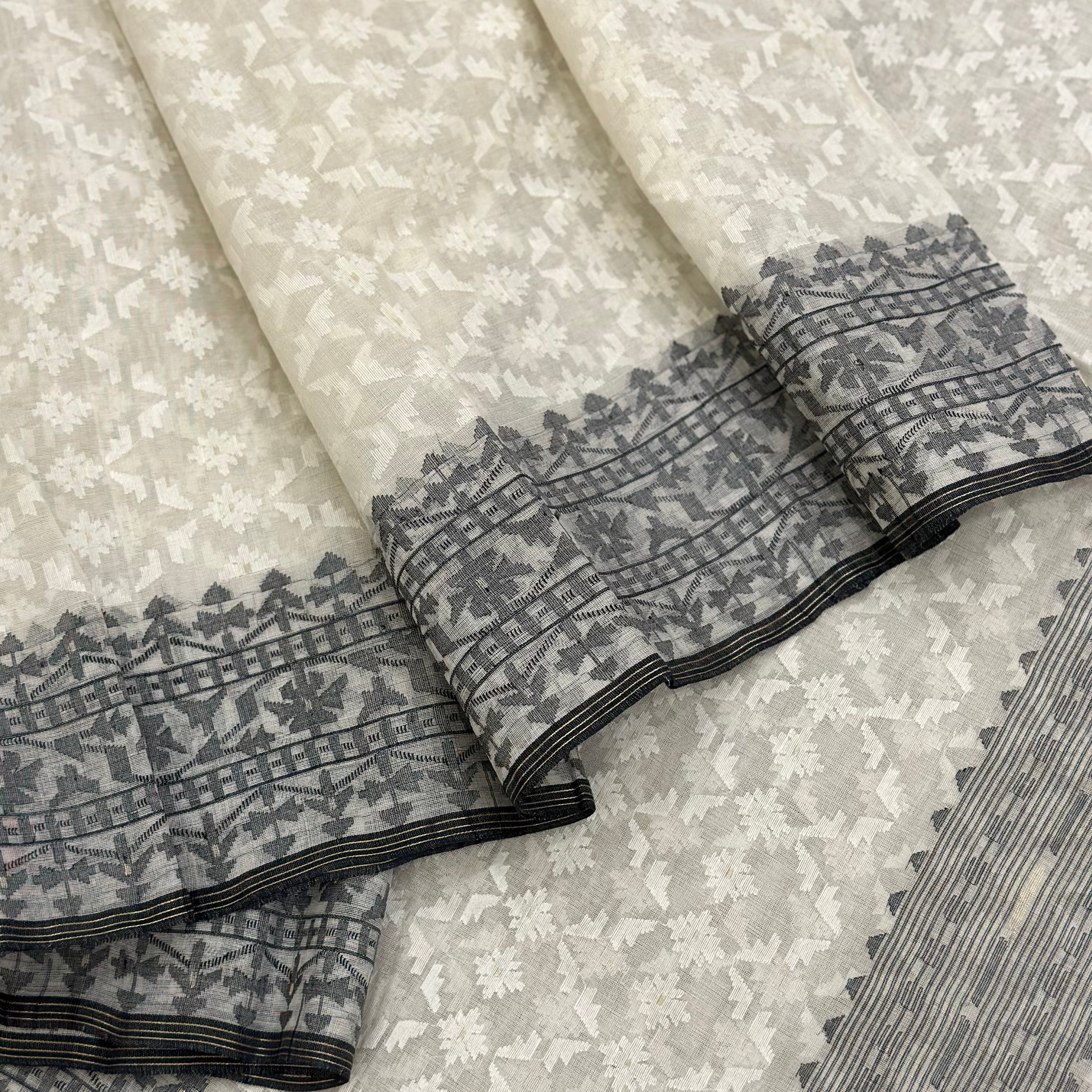 White and Black Jaal Dhakai Jamdani Saree