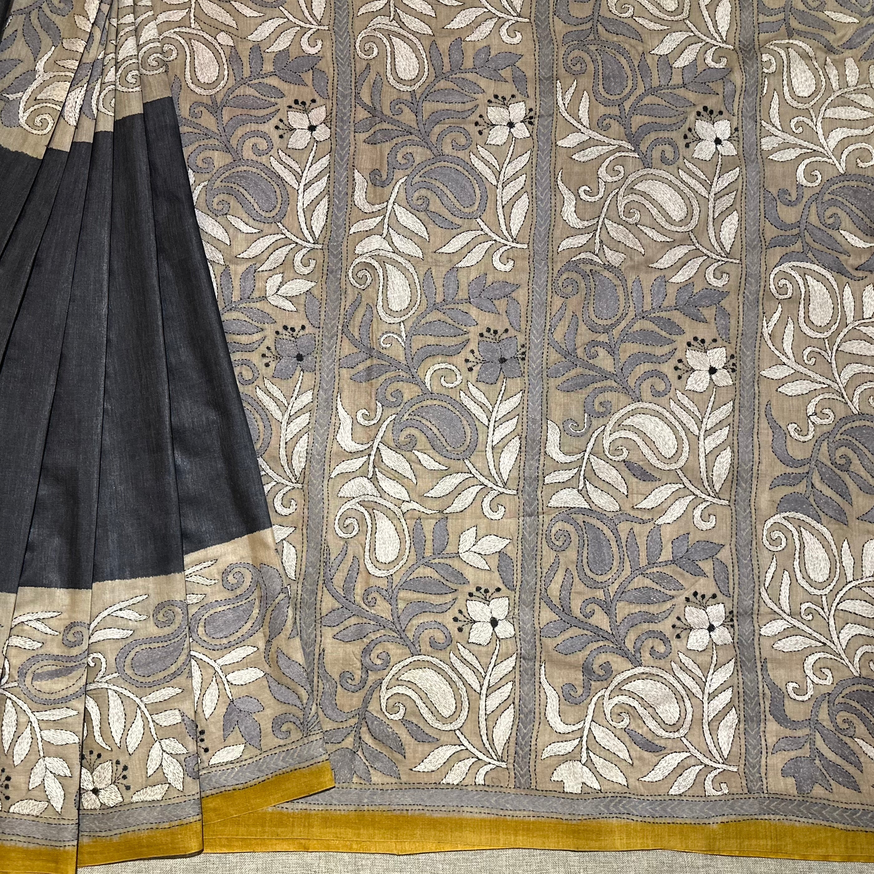 Yellow grey Natural Dyed Handwoven Tussar with Kantha