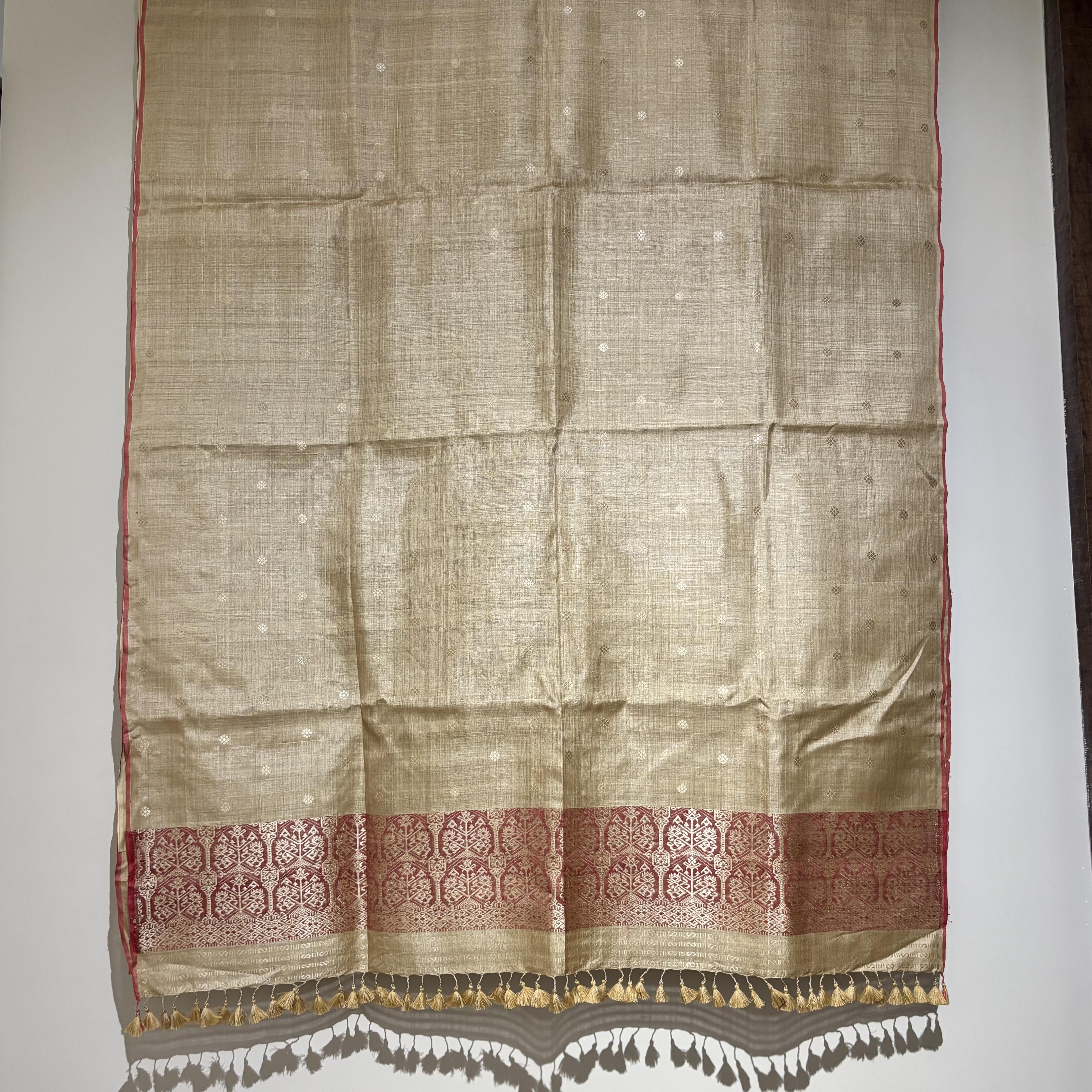 Heirloom Pure Assam Muga Saree with Red Natural Dyed Eri Extra Weft