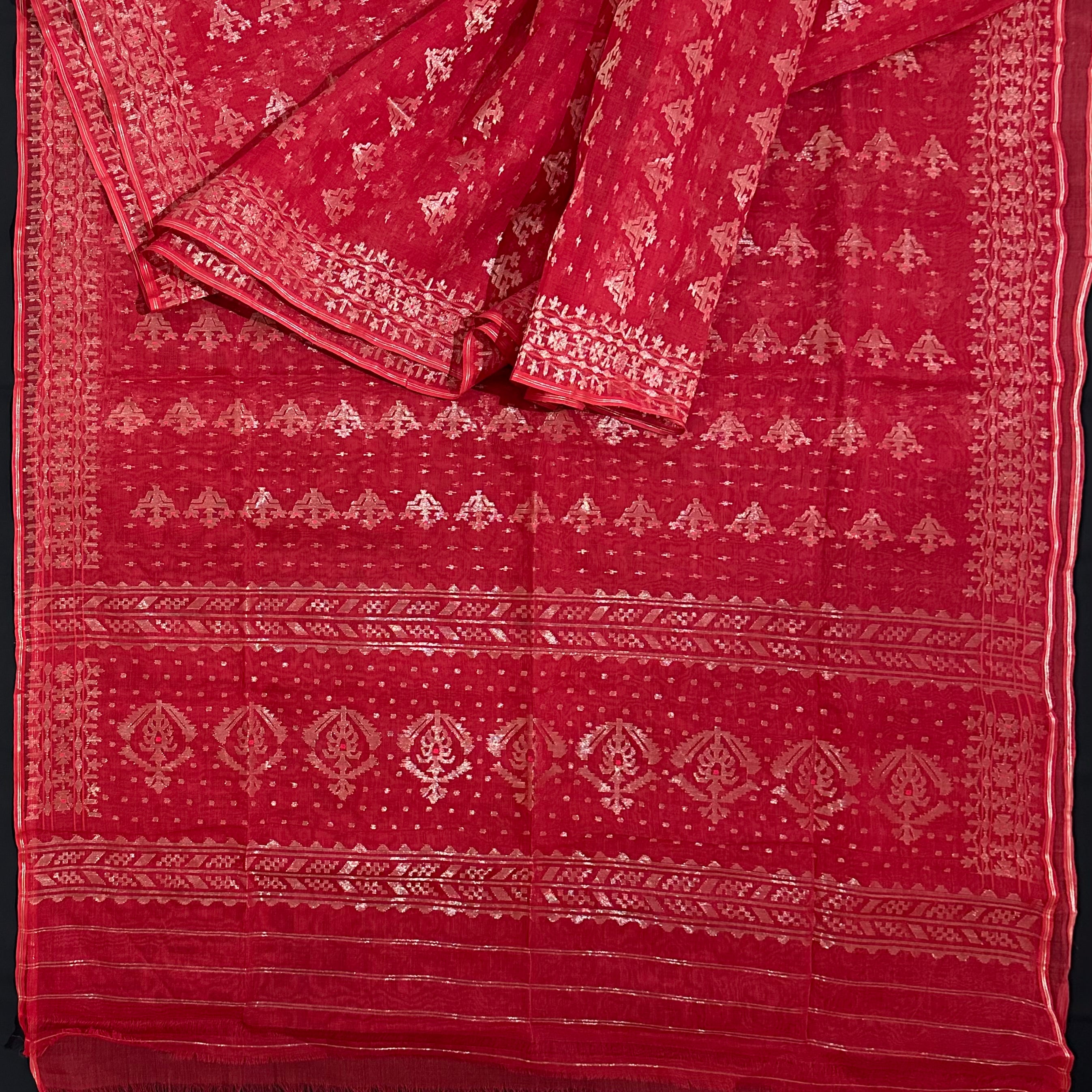 Red Dhakai Jamdani Saree with Butis