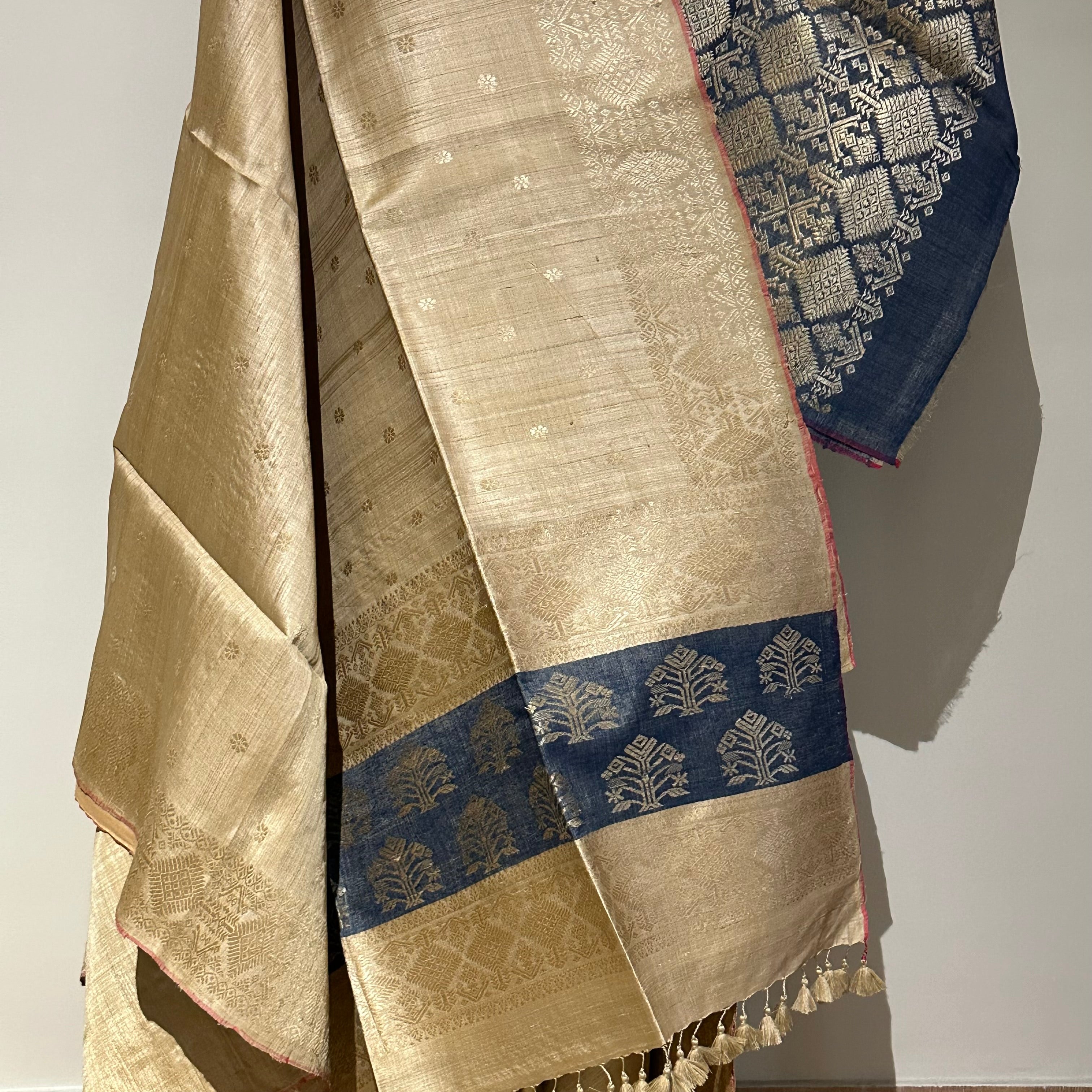 Handwoven Pure Muga Saree with Indigo Palla