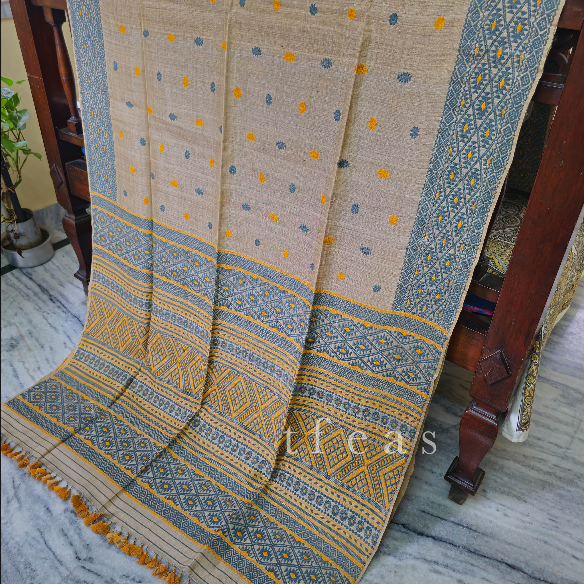 Heirloom Pure Assam Muga Saree with Natural Dyed Eri Extra Weft in Indigo and Mustard