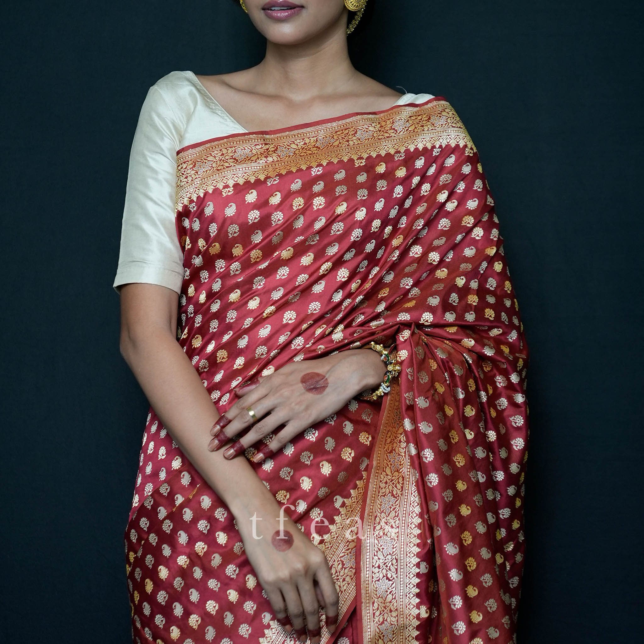 Red Revival Baluchari Saree with tree of life and zari