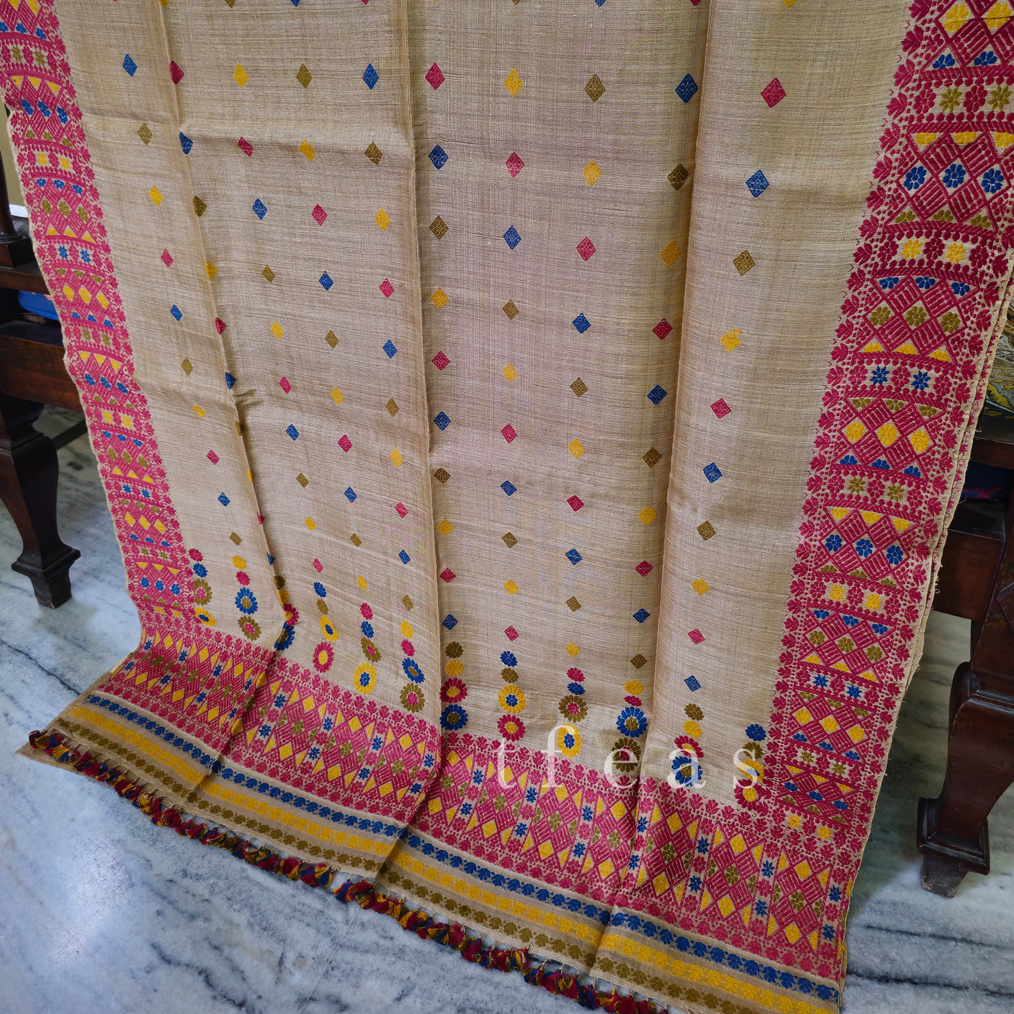 Heirloom Pure Assam Muga Saree with Natural Dyed Eri Extra Weft in Multicolor Diamond Motifs