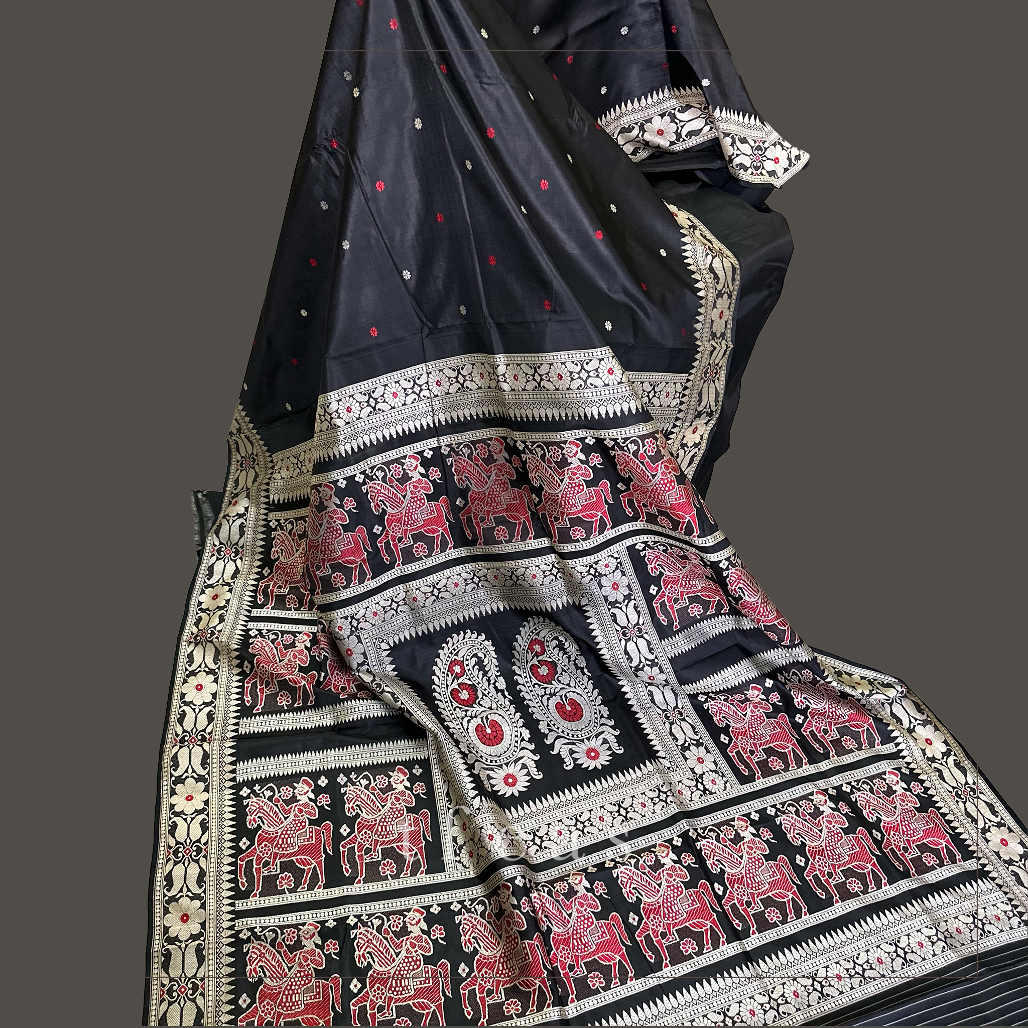 Black with White and Red Baluchari Saree from Bengal