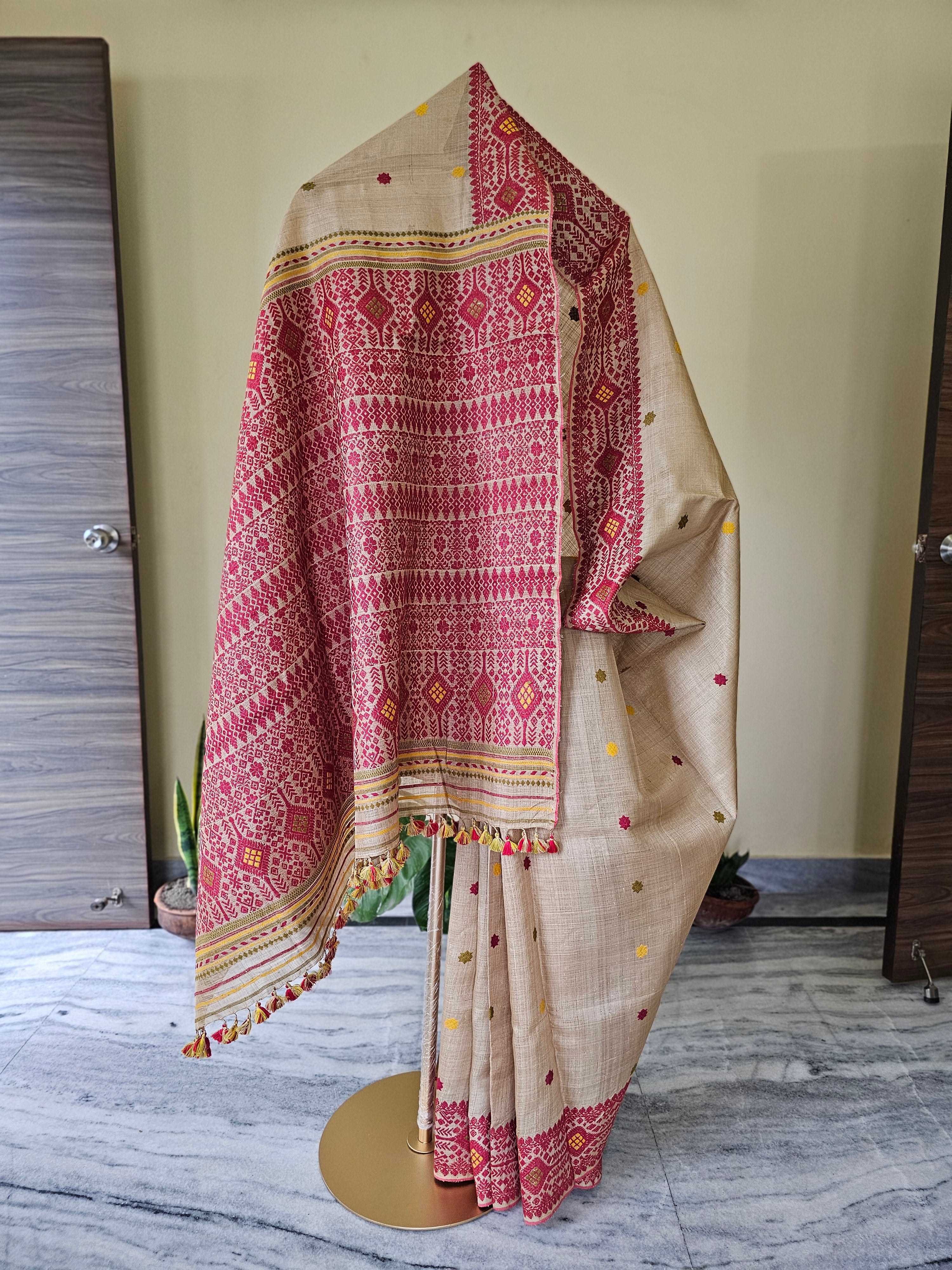 Heirloom Pure Assam Muga Saree with Natural Dyed Eri Extra Weft in Red and Yellow