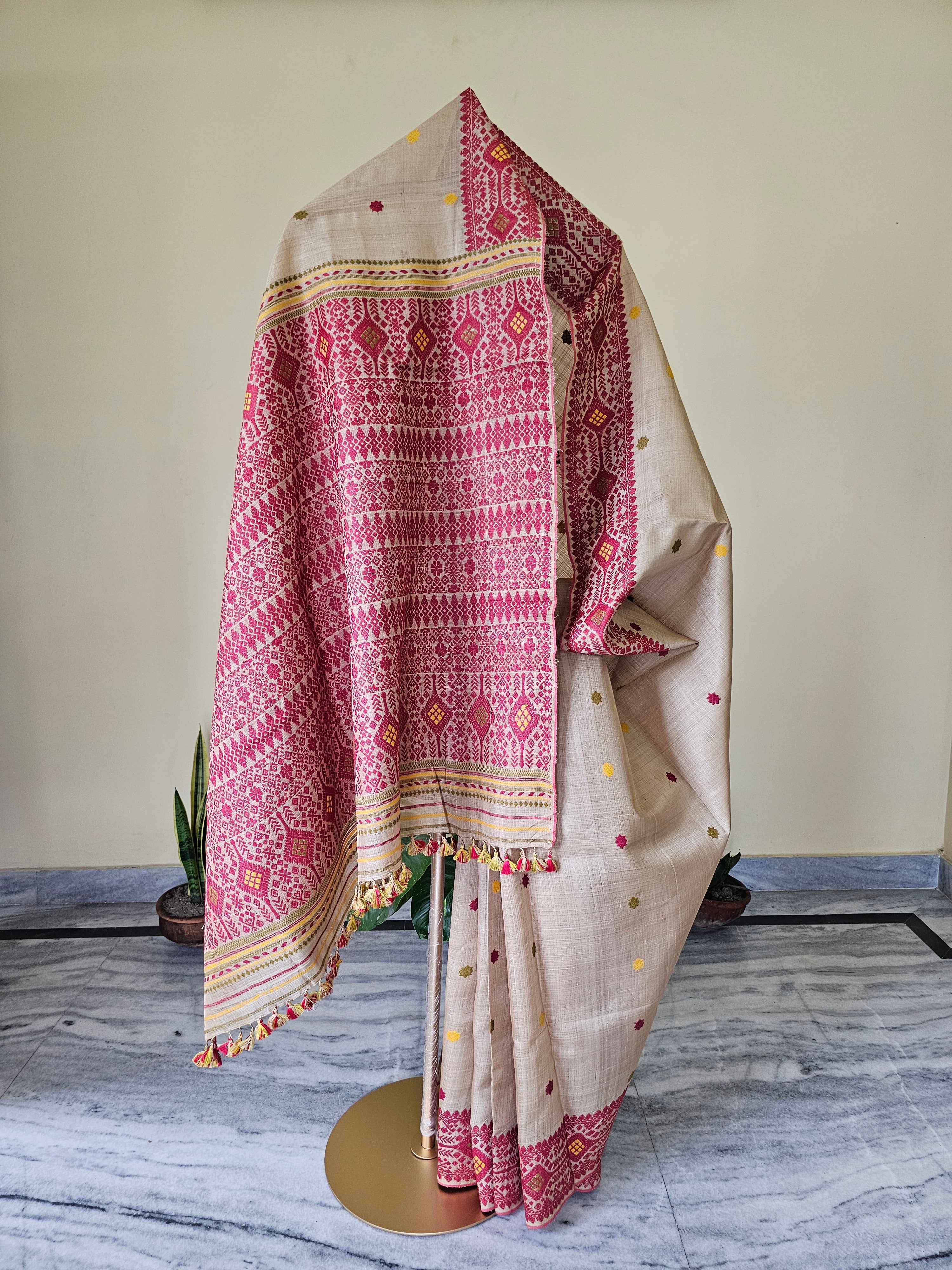 Heirloom Pure Assam Muga Saree with Natural Dyed Eri Extra Weft in Red and Yellow