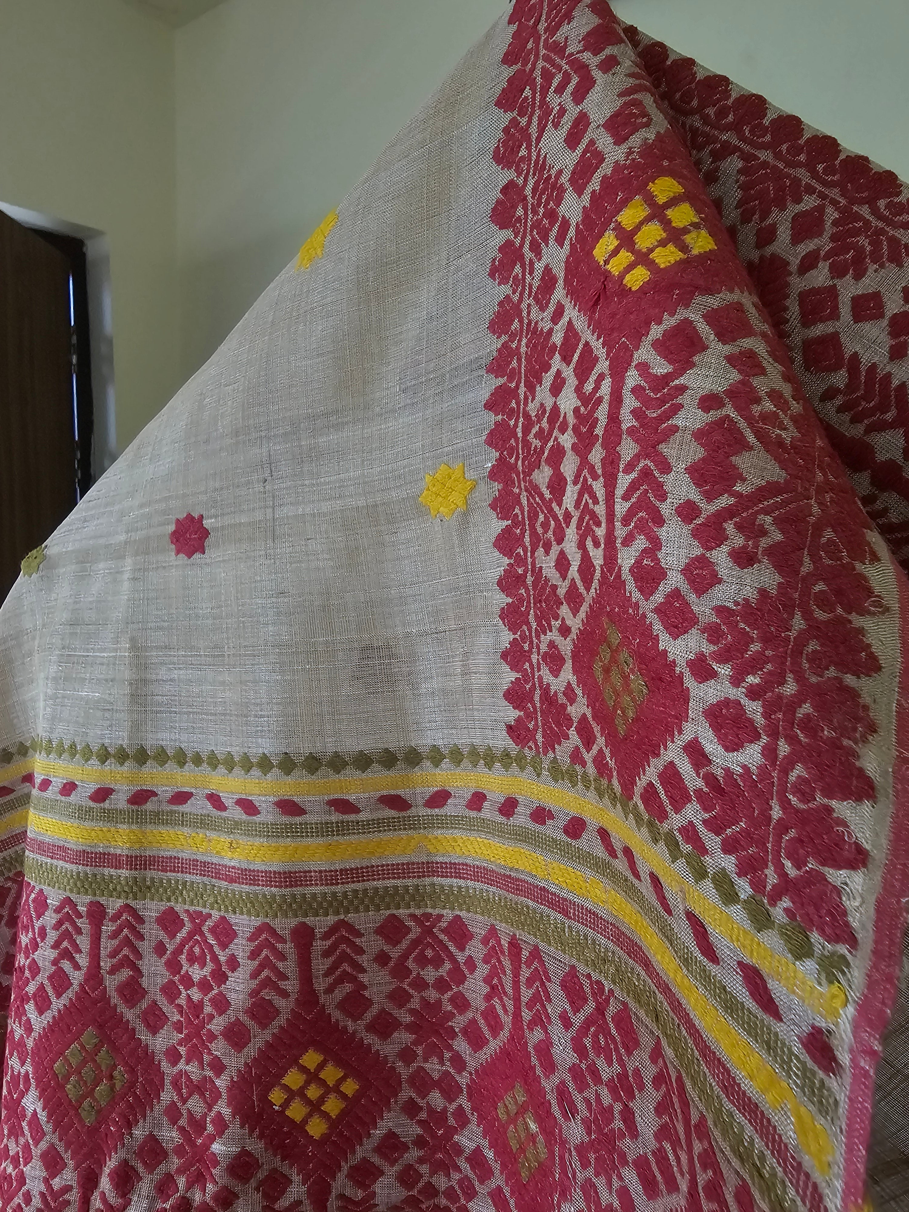 Heirloom Pure Assam Muga Saree with Natural Dyed Eri Extra Weft in Red and Yellow