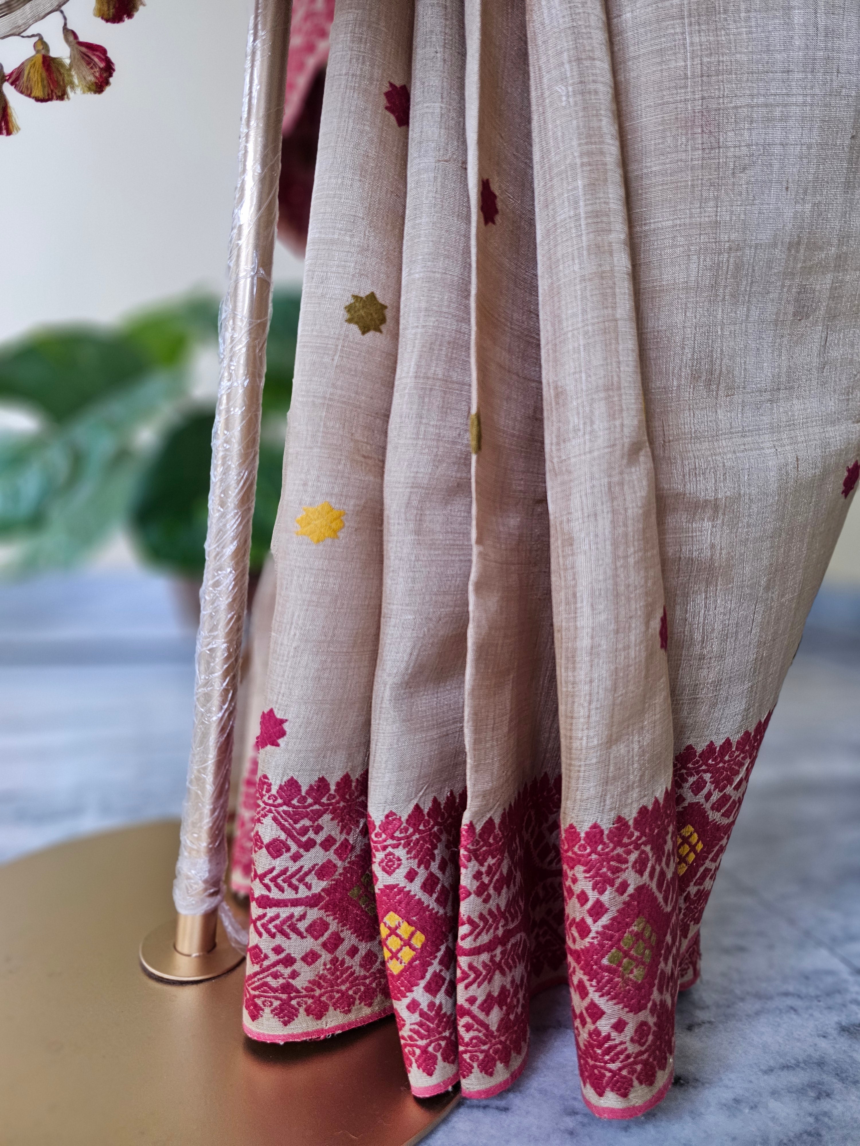 Heirloom Pure Assam Muga Saree with Natural Dyed Eri Extra Weft in Red and Yellow