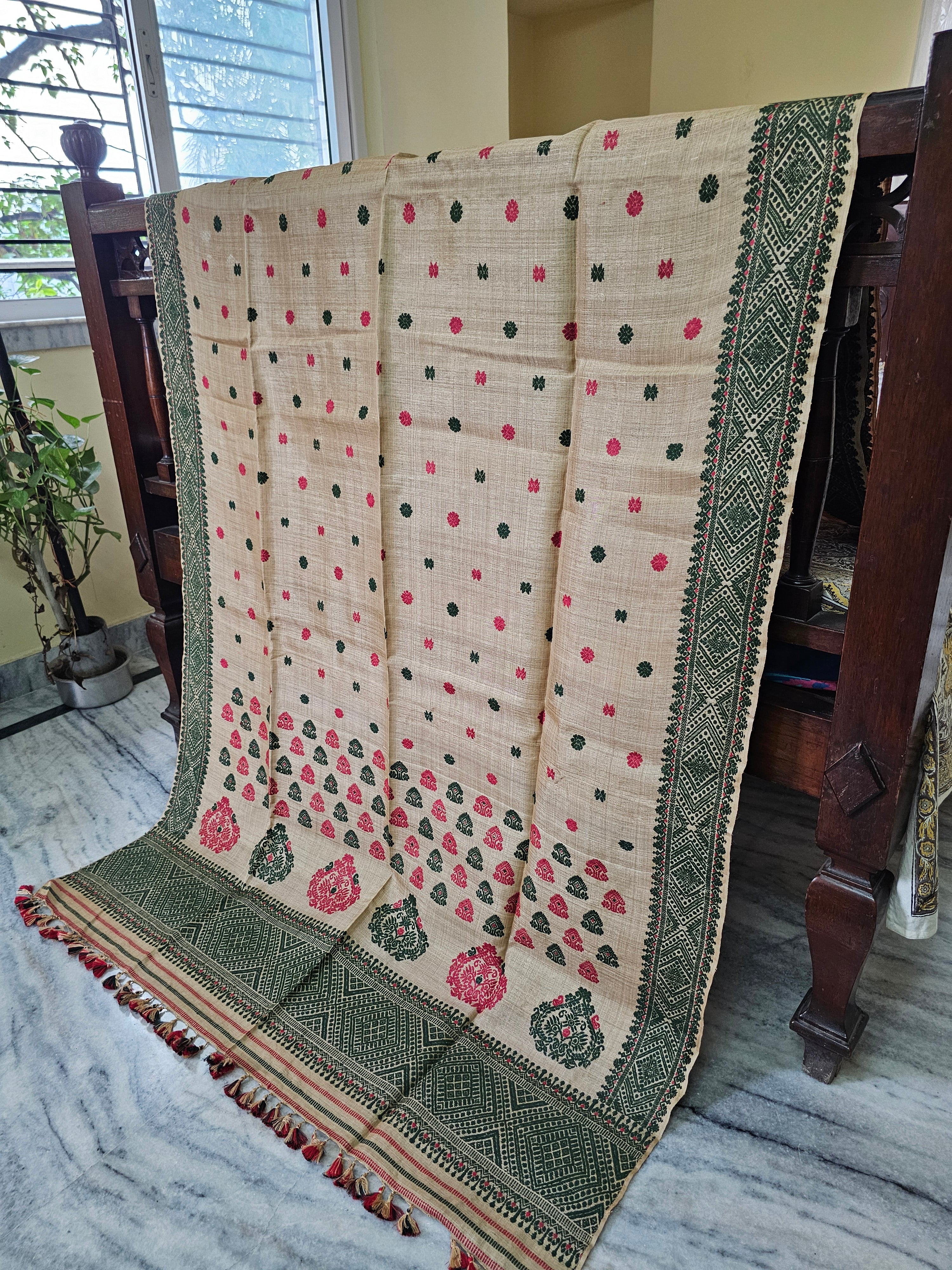 Heirloom Pure Assam Muga Saree with Natural Dyed Eri Extra Weft in Green