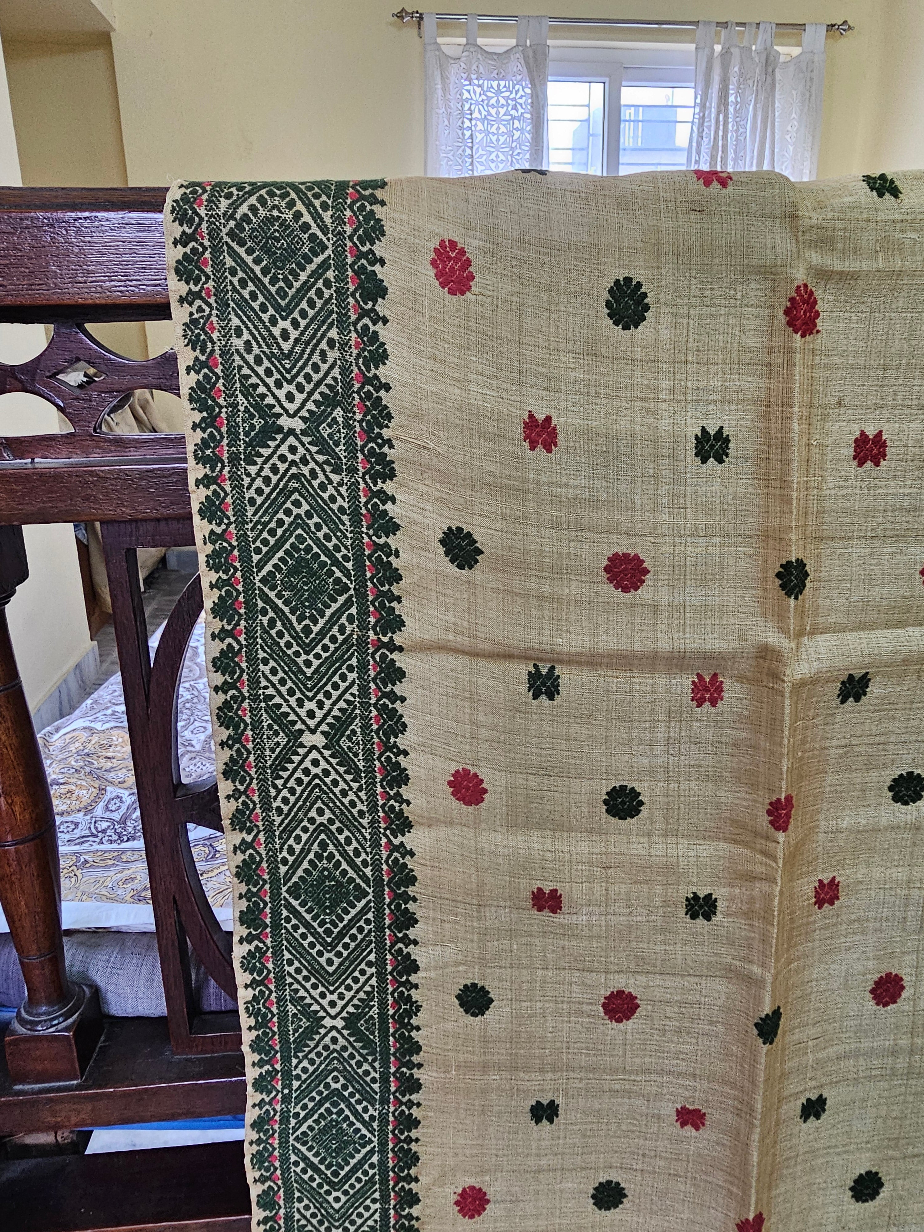 Heirloom Pure Assam Muga Saree with Natural Dyed Eri Extra Weft in Green