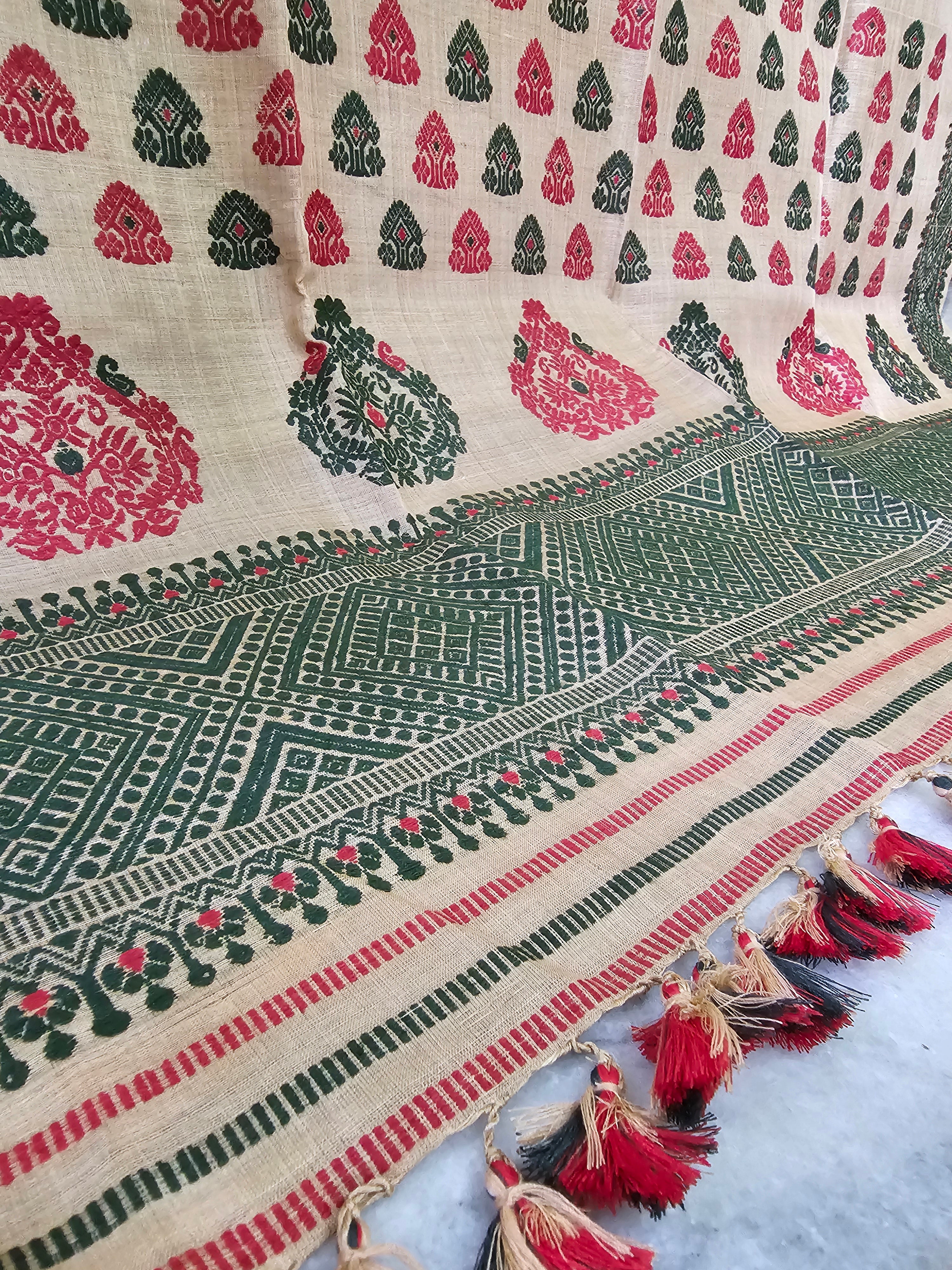 Heirloom Pure Assam Muga Saree with Natural Dyed Eri Extra Weft in Green