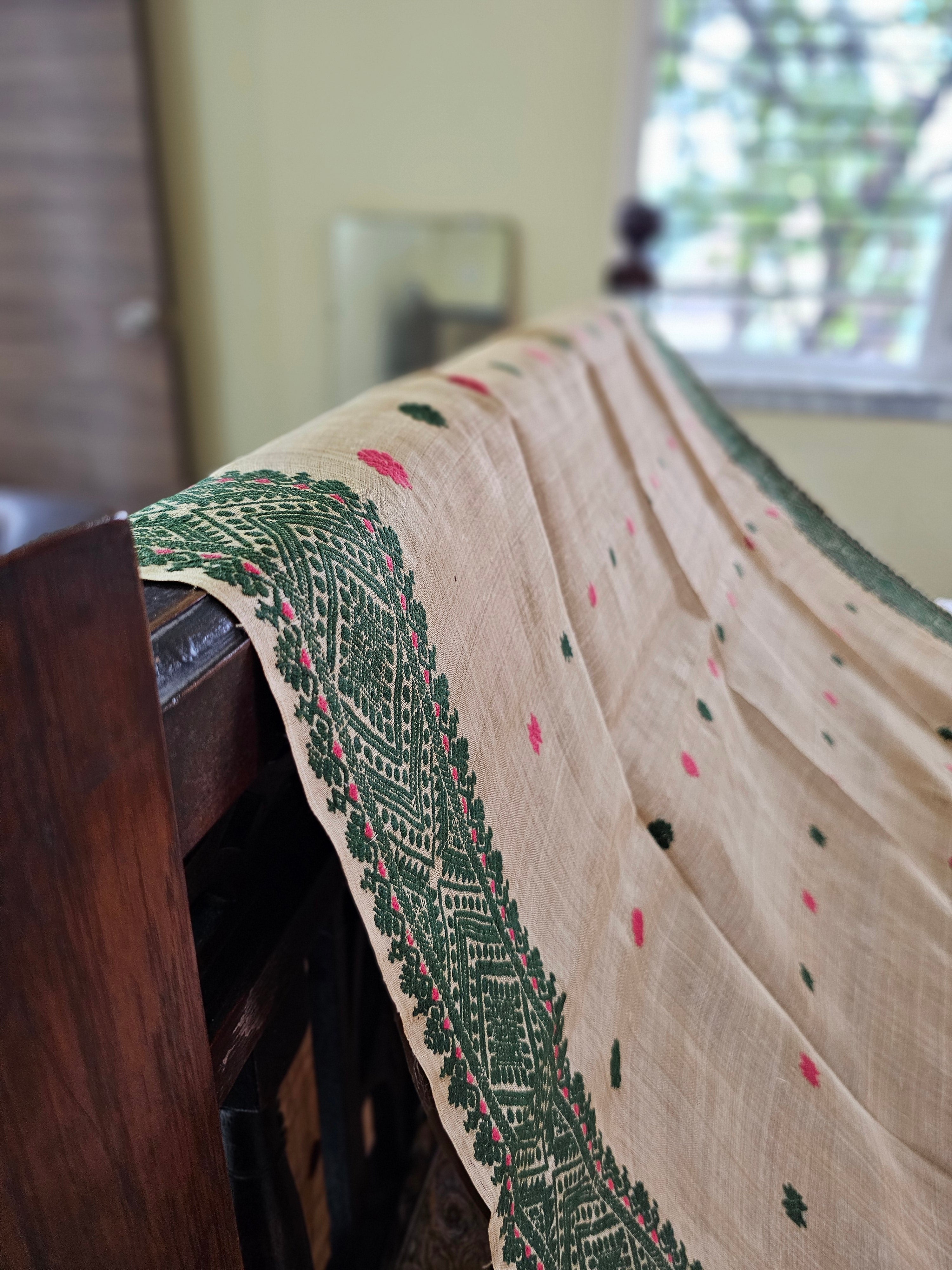 Heirloom Pure Assam Muga Saree with Natural Dyed Eri Extra Weft in Green