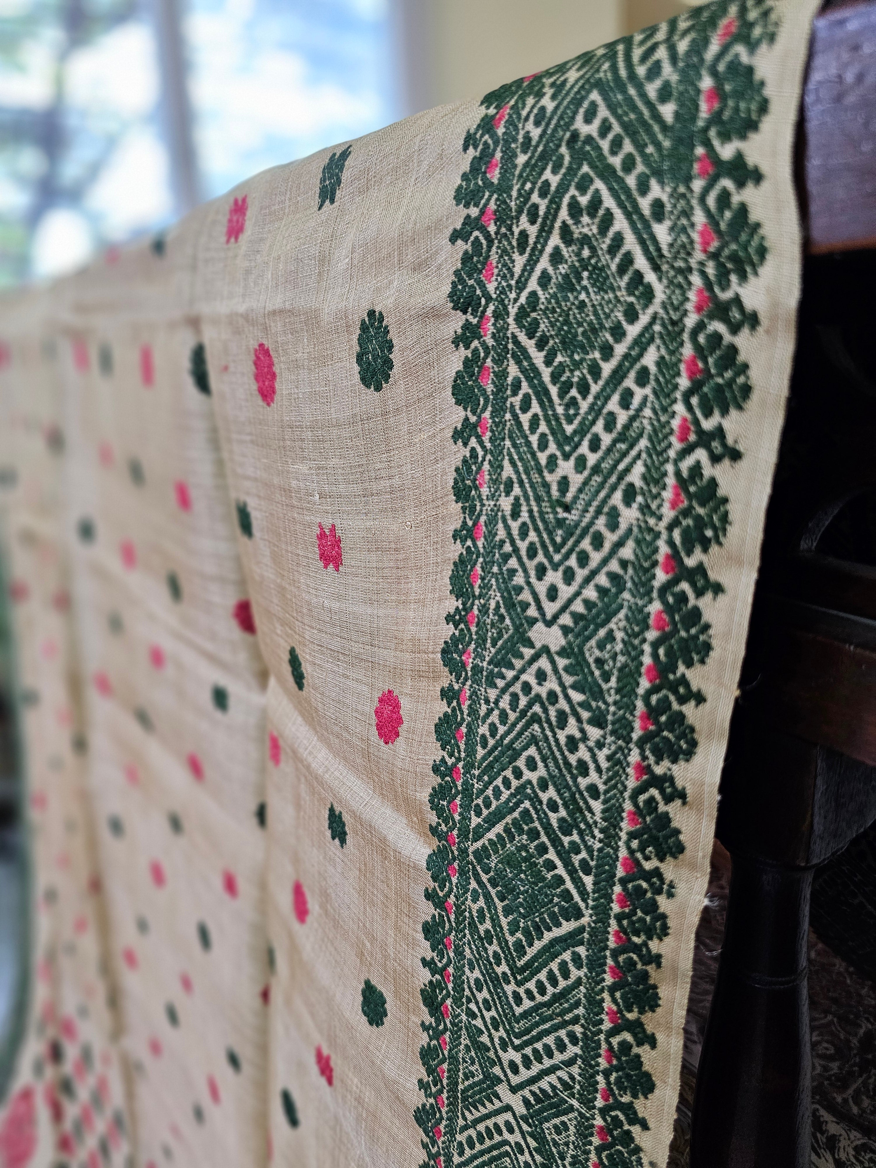 Heirloom Pure Assam Muga Saree with Natural Dyed Eri Extra Weft in Green